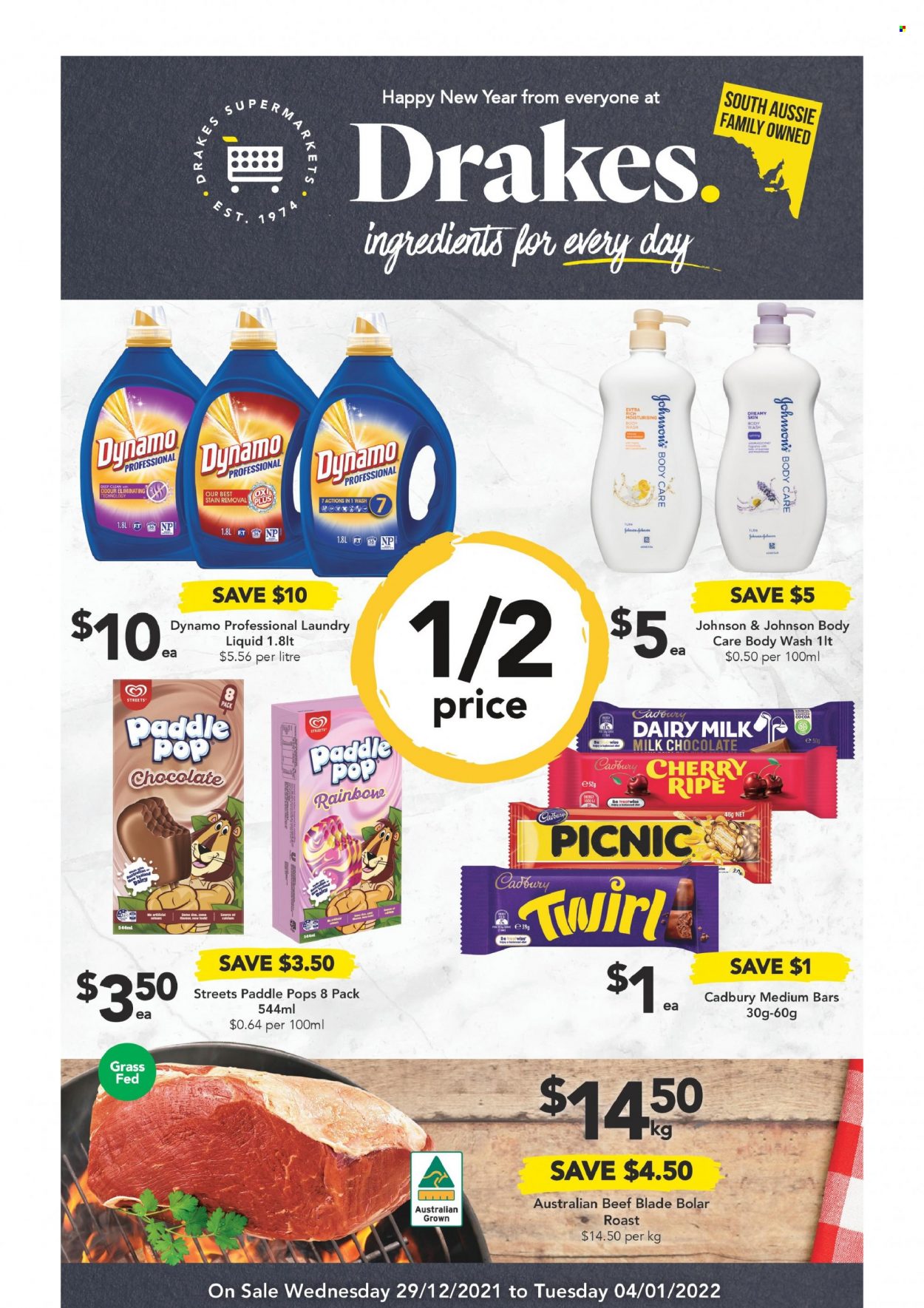 thumbnail - Drakes Catalogue - 29 Dec 2021 - 4 Jan 2022 - Sales products - cherries, milk chocolate, chocolate, Cadbury, Johnson's, laundry detergent, body wash, Aussie. Page 1.