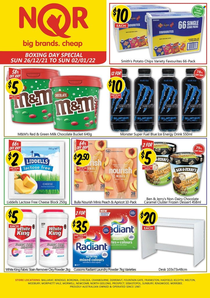 thumbnail - NQR Catalogue - 26 Dec 2021 - 2 Jan 2022 - Sales products - cheese, Ben & Jerry's, milk chocolate, chocolate, M&M's, potato chips, Smith's, caramel, energy drink, Monster, stain remover, laundry powder. Page 1.