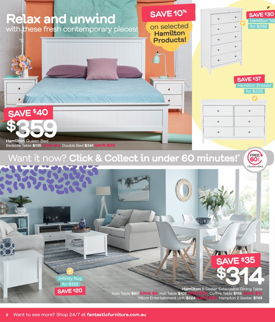 thumbnail - Fantastic Furniture Catalogue - 23 Dec 2021 - 31 Jan 2022 - Sales products - dining table, table, coffee table, sidetable, tv unit, queen bed, double bed, bed, dresser, bedside table. Page 2.