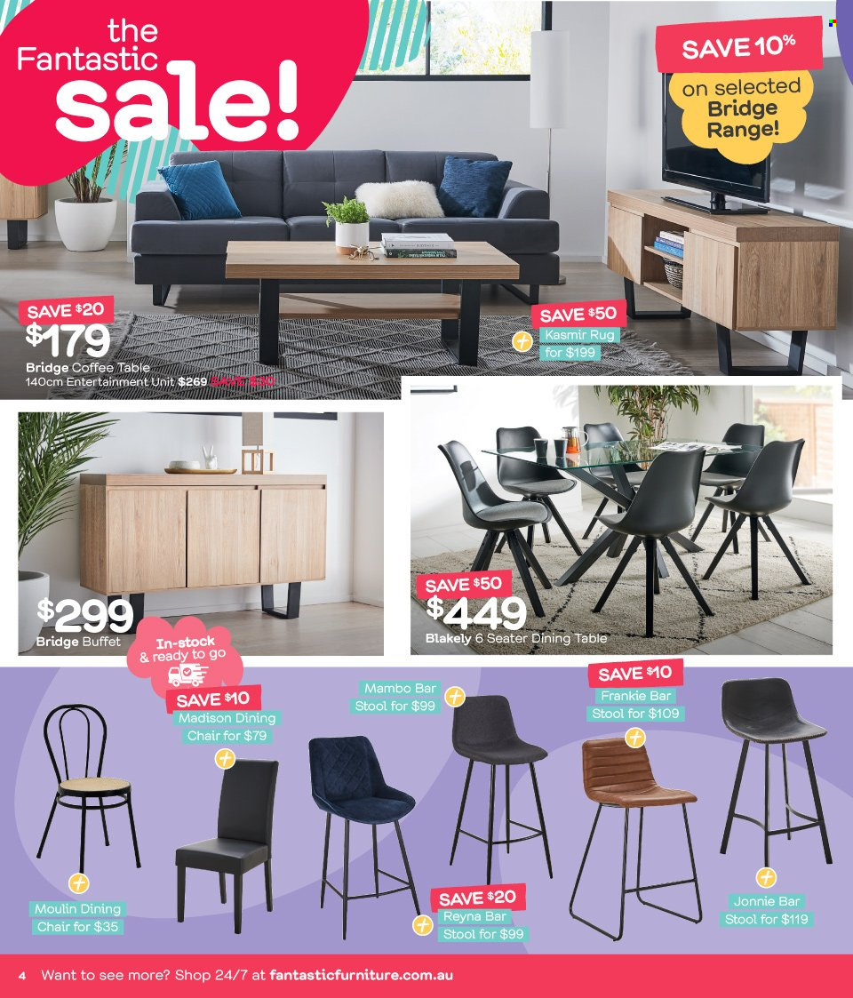 thumbnail - Fantastic Furniture Catalogue - 23 Dec 2021 - 31 Jan 2022 - Sales products - dining table, table, dining chair, stool, chair, bar stool, coffee table, tv unit, chair pad. Page 4.