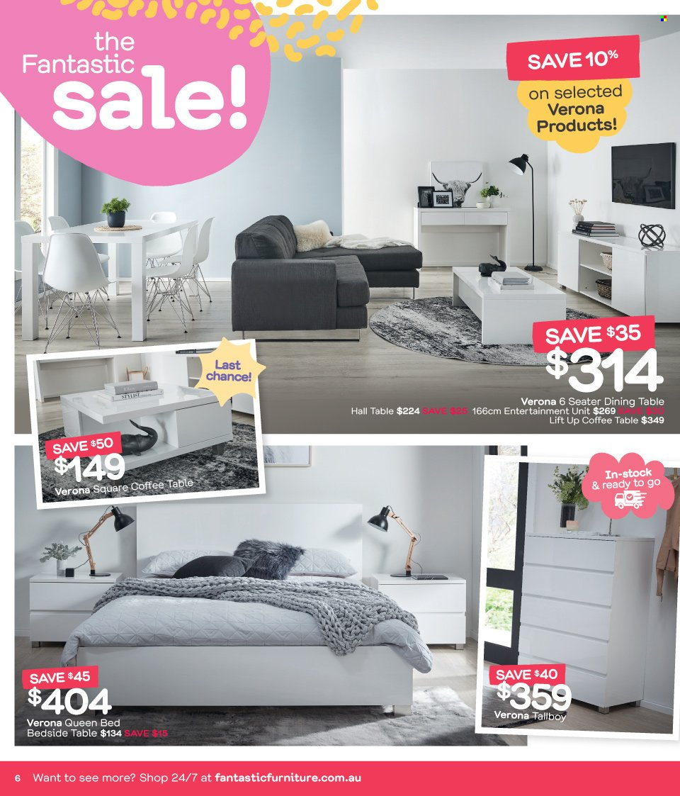 thumbnail - Fantastic Furniture Catalogue - 23 Dec 2021 - 31 Jan 2022 - Sales products - dining table, table, coffee table, tv unit, queen bed, bed, bedside table. Page 6.