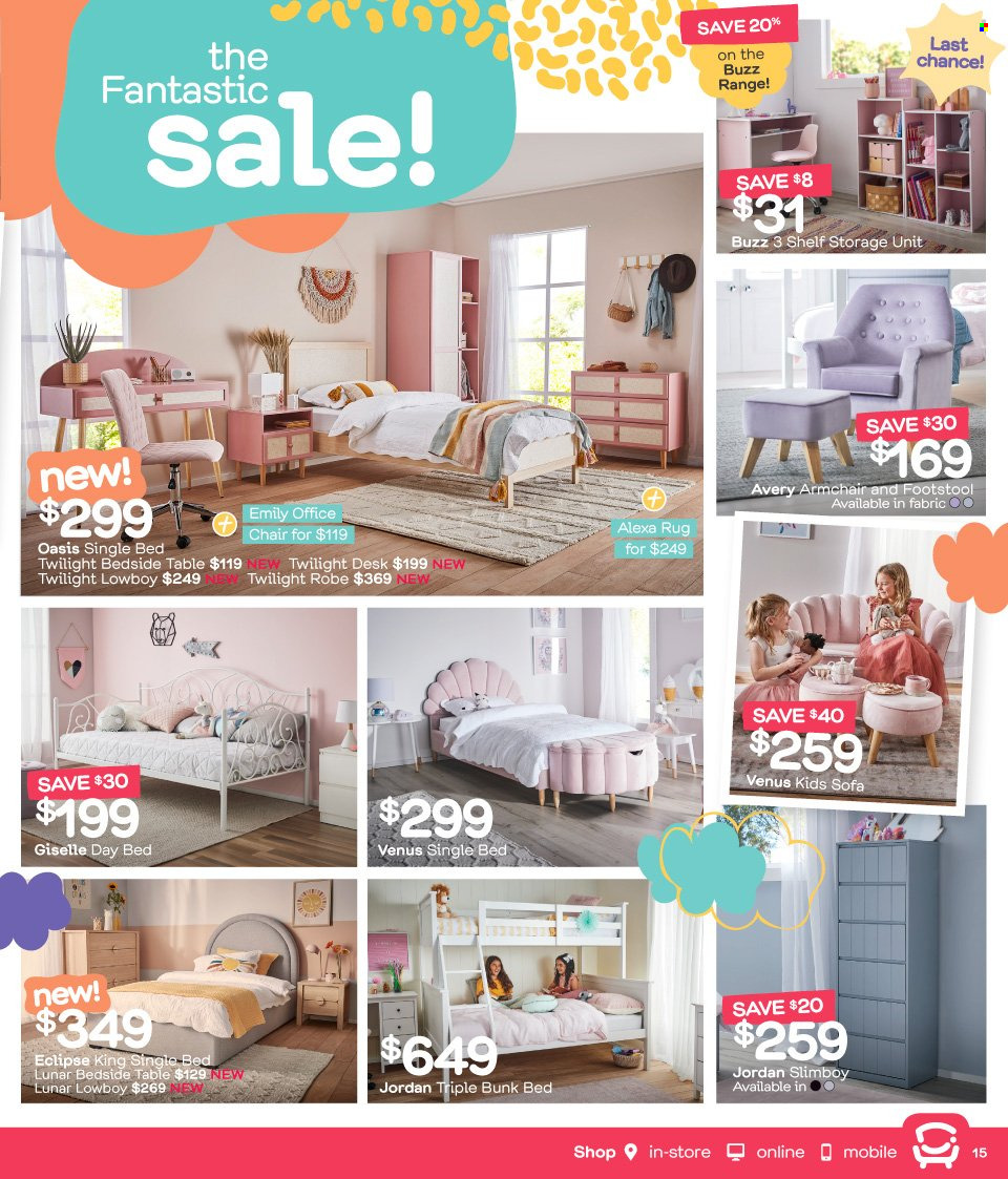 thumbnail - Fantastic Furniture Catalogue - 23 Dec 2021 - 31 Jan 2022 - Sales products - storage box, table, chair, arm chair, sofa, shelves, Jordan, single bed, bed, bunk bed, bedside table, desk, office chair. Page 15.