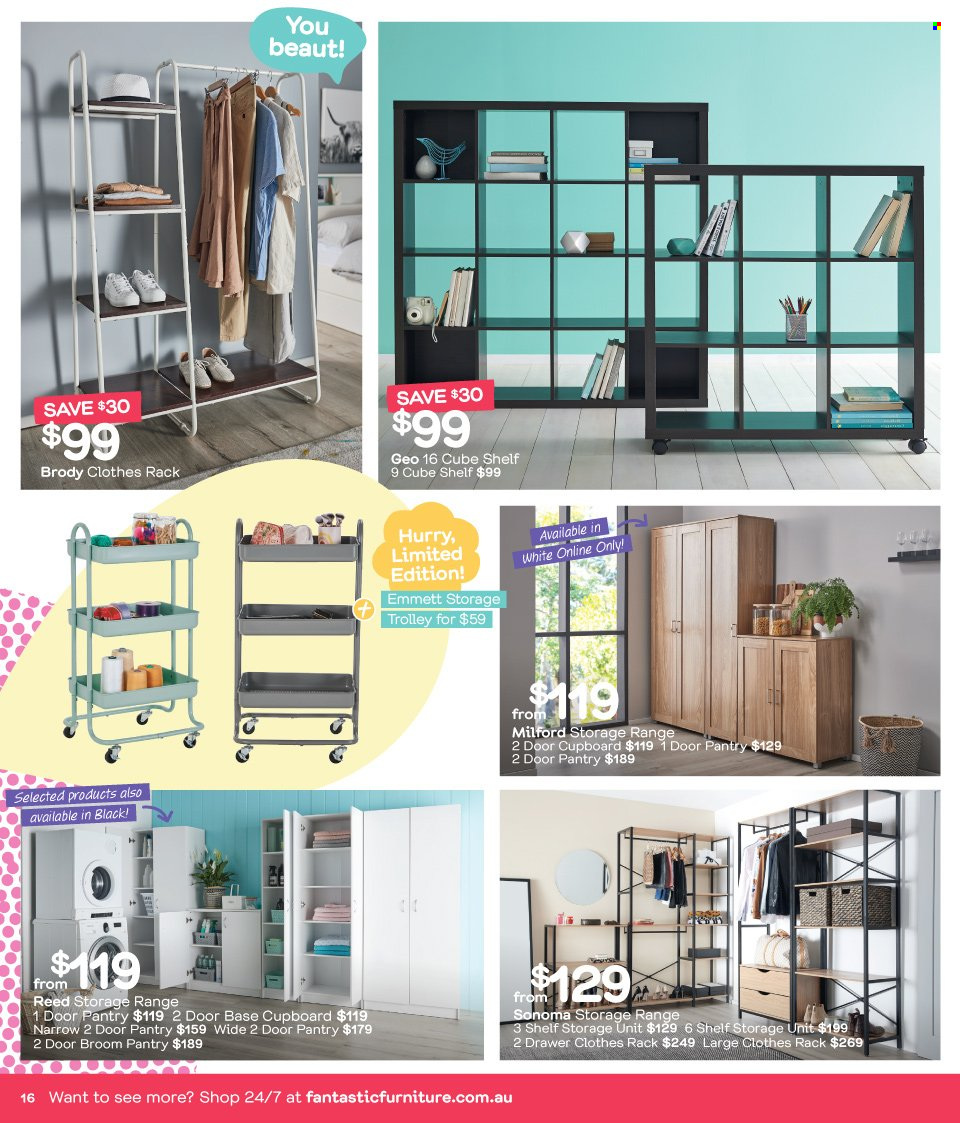 thumbnail - Fantastic Furniture Catalogue - 23 Dec 2021 - 31 Jan 2022 - Sales products - trolley, storage box, shelves, clothes rack, broom. Page 16.
