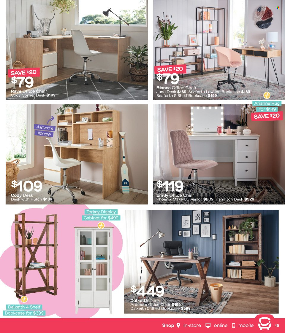 thumbnail - Fantastic Furniture Catalogue - 23 Dec 2021 - 31 Jan 2022 - Sales products - cabinet, chair, bookcase, shelves, desk, office chair, mirror. Page 19.