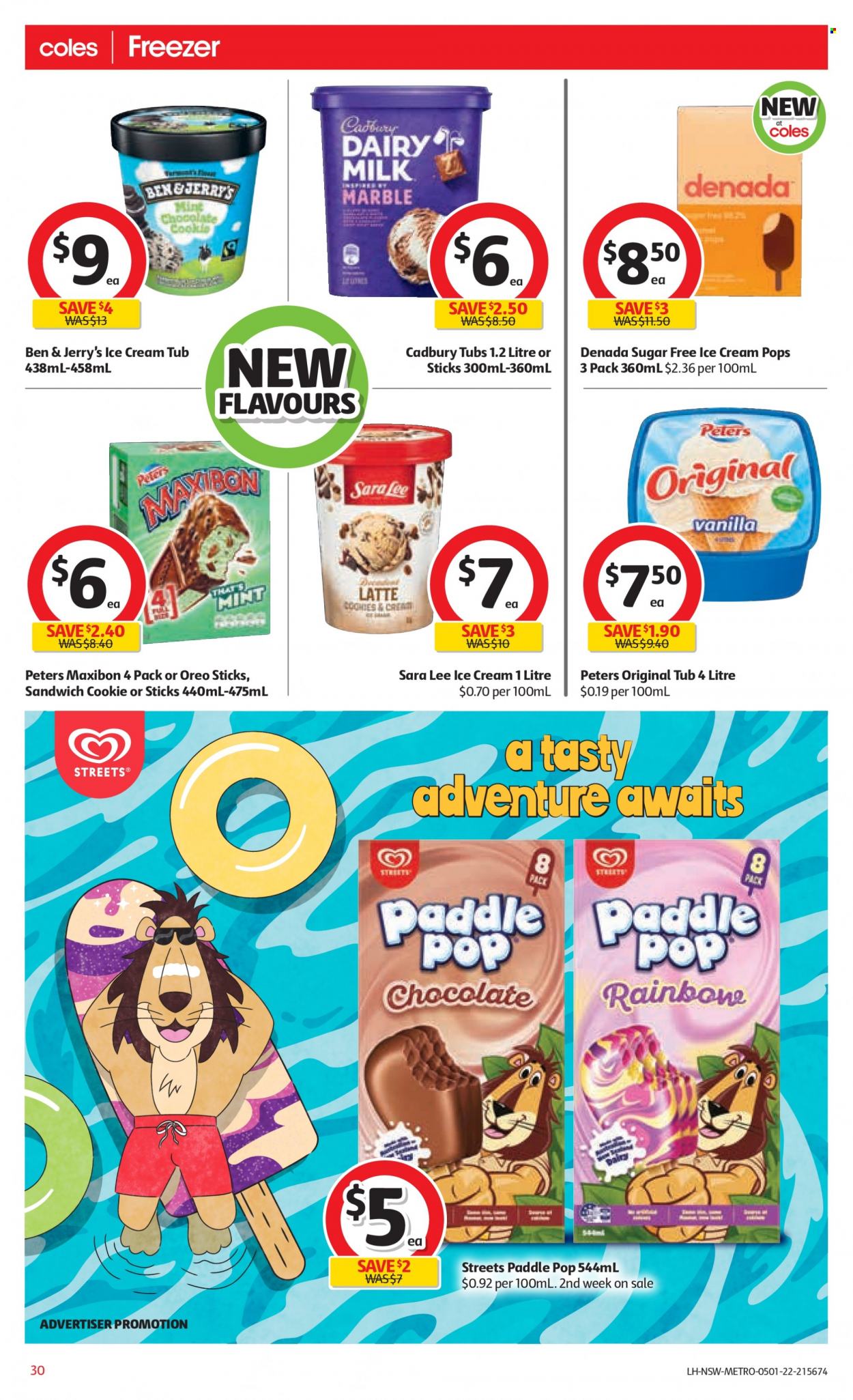 thumbnail - Coles Catalogue - 5 Jan 2022 - 11 Jan 2022 - Sales products - Sara Lee, sandwich, Oreo, ice cream, Ben & Jerry's, Cadbury, Dairy Milk. Page 30.
