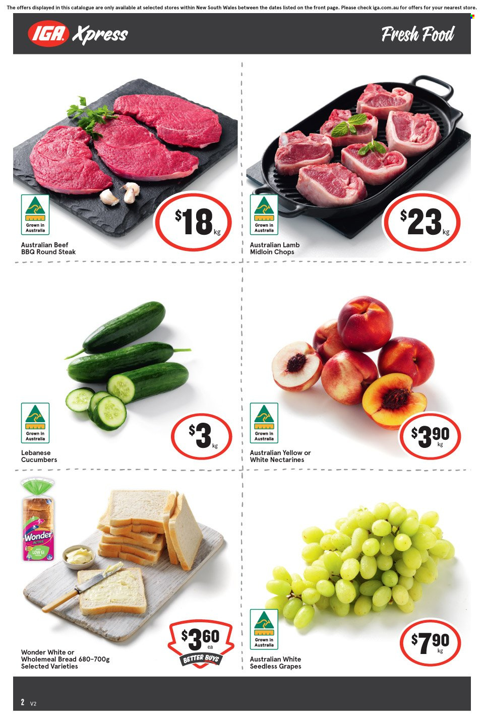thumbnail - IGA Xpress Catalogue - 5 Jan 2022 - 11 Jan 2022 - Sales products - seedless grapes, bread, cucumber, grapes, nectarines, beef meat, steak, round steak. Page 2.