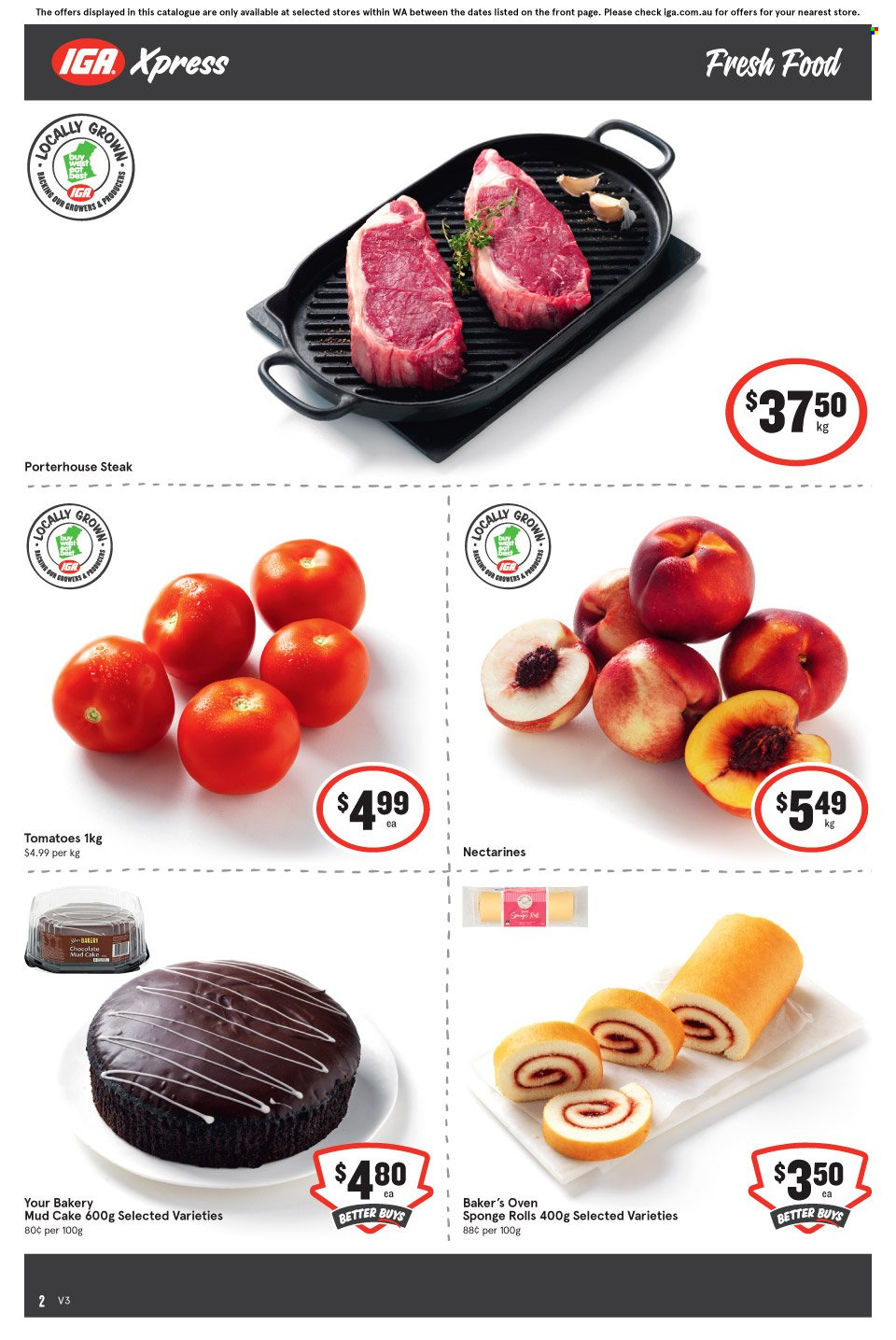 thumbnail - IGA Xpress Catalogue - 5 Jan 2022 - 11 Jan 2022 - Sales products - cake, tomatoes, nectarines, steak, sponge. Page 2.