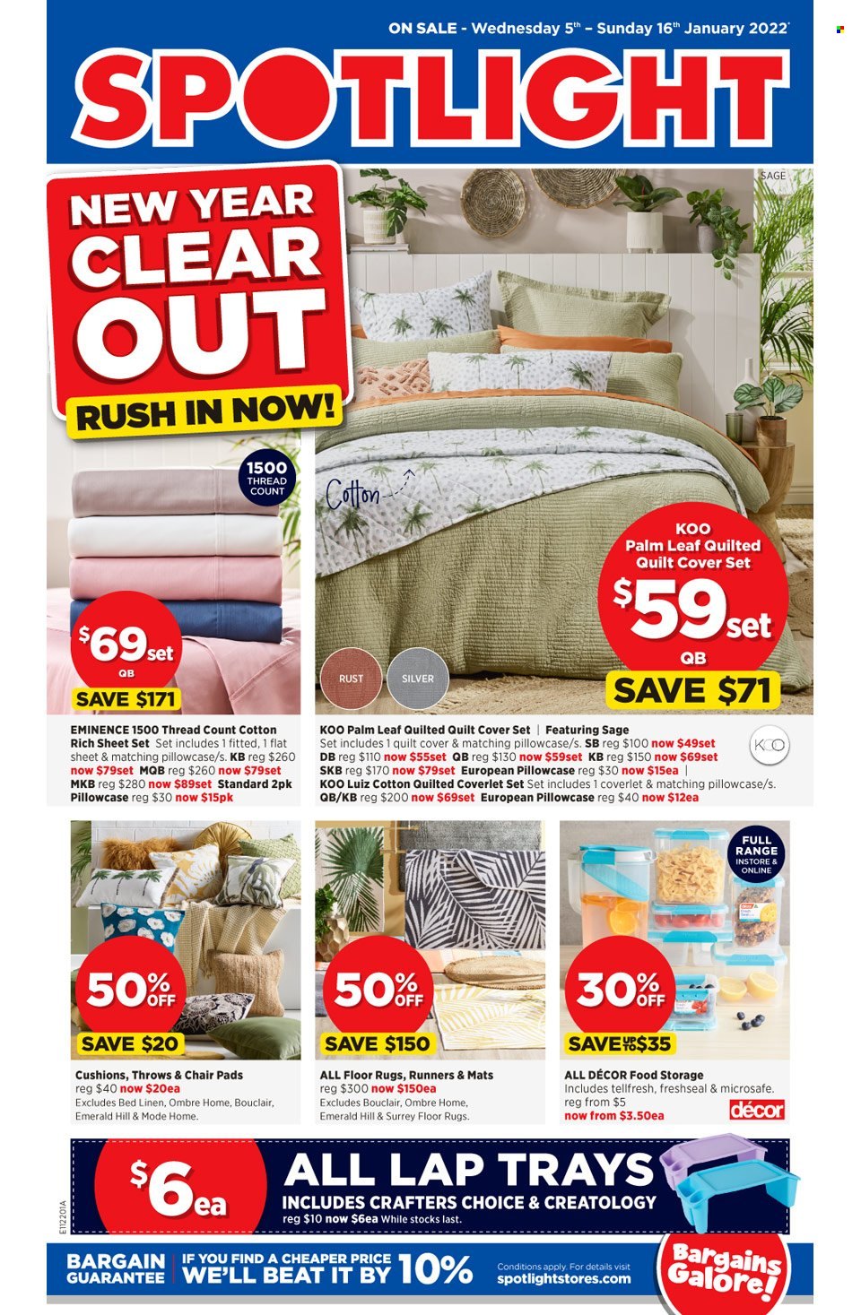 Spotlight Catalogue - 5 Jan 2022 - 16 Jan 2022 - Sales products - chair pad, bedding, cushion, linens, pillowcases, quilt, quilt cover set. Page 1.