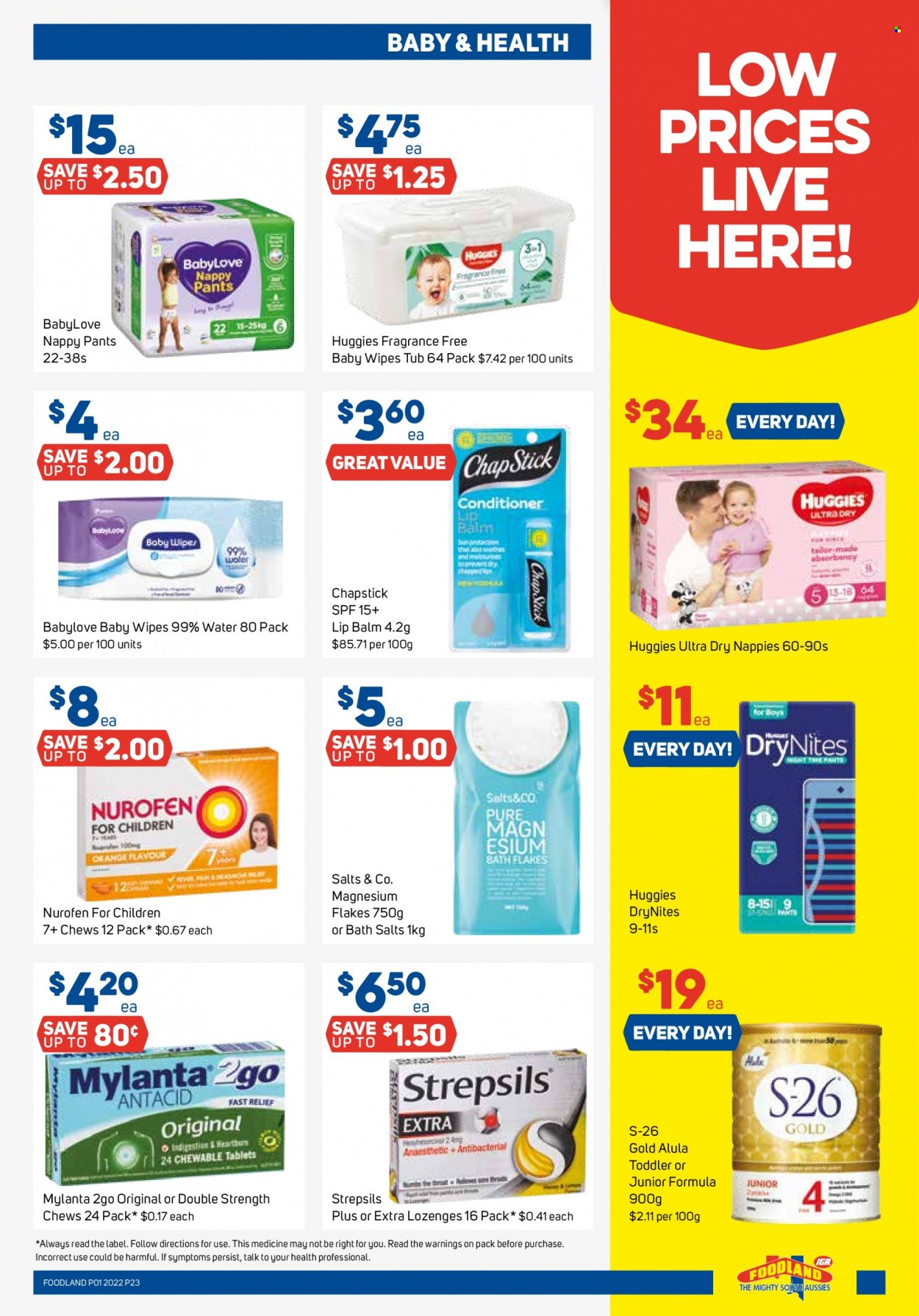 thumbnail - Foodland Catalogue - 5 Jan 2022 - 11 Jan 2022 - Sales products - chewing gum, wipes, Huggies, pants, baby wipes, nappies, DryNites, BabyLove, lip balm, magnesium, Strepsils, Nurofen. Page 23.