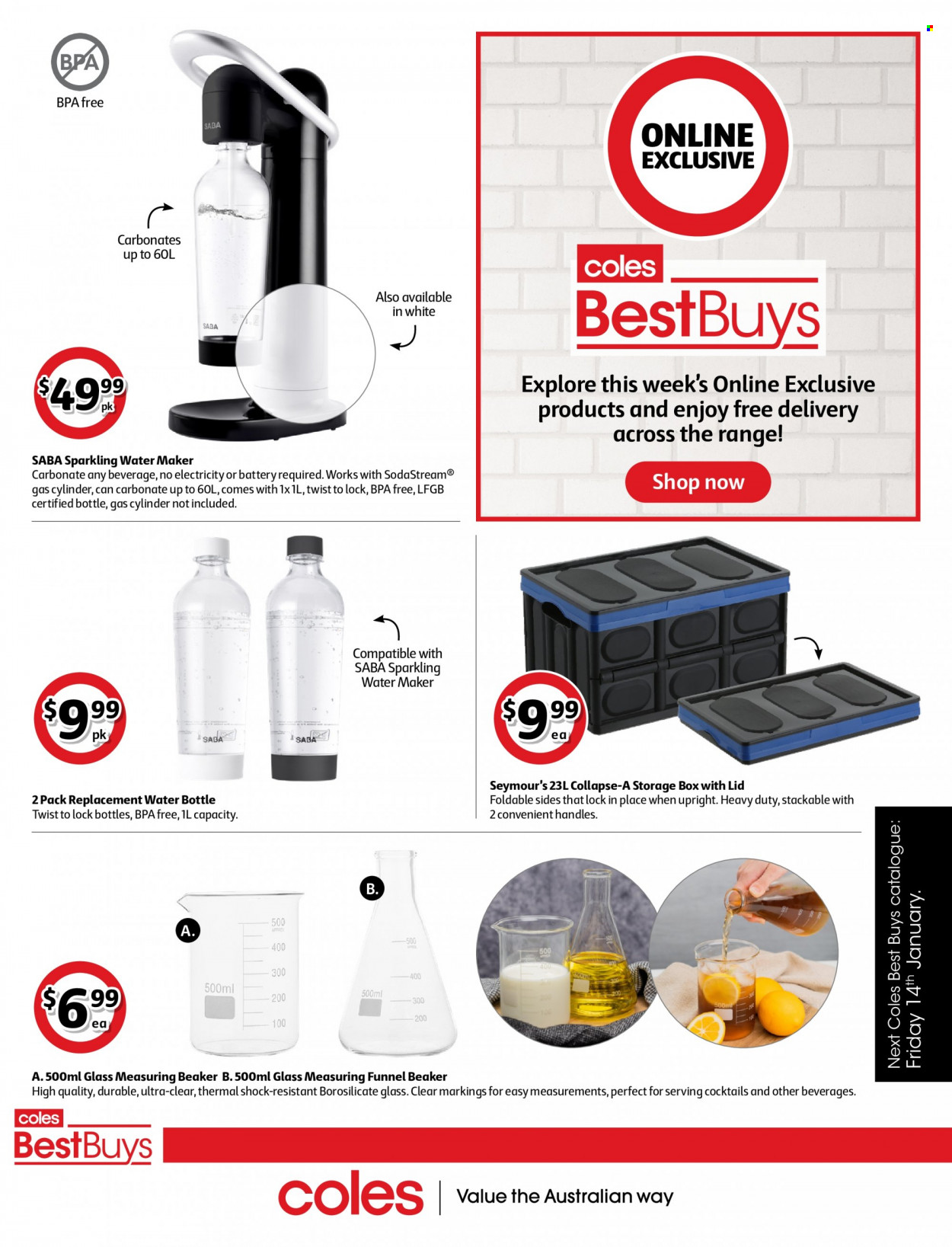 thumbnail - Coles Catalogue - 7 Jan 2022 - 20 Jan 2022 - Sales products - drink bottle, SodaStream, box with lids, water maker. Page 4.