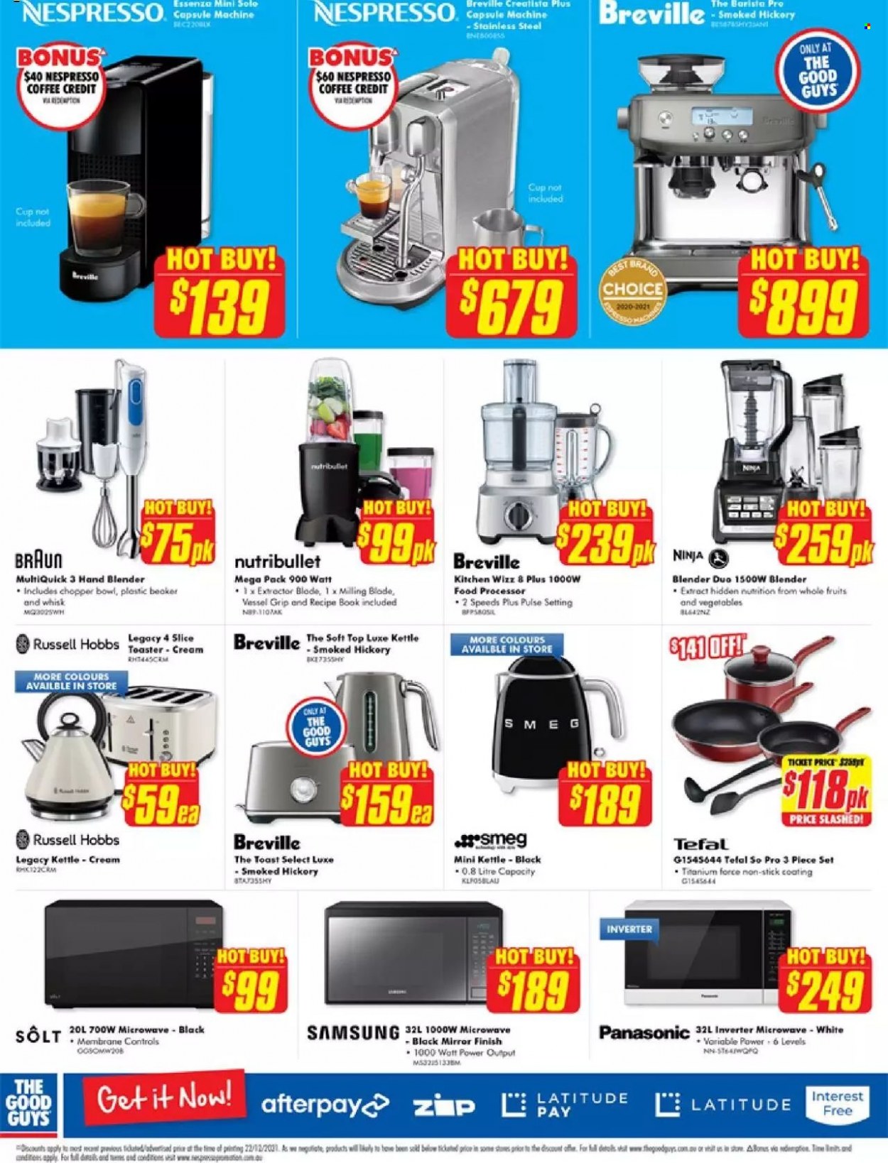thumbnail - The Good Guys Catalogue - 6 Jan 2022 - 12 Jan 2022 - Sales products - Tefal, Panasonic, Smeg, cup, handy chopper, Samsung, microwave, Braun, Nespresso, NutriBullet, Russell Hobbs, food processor, hand blender, toaster, kettle. Page 13.