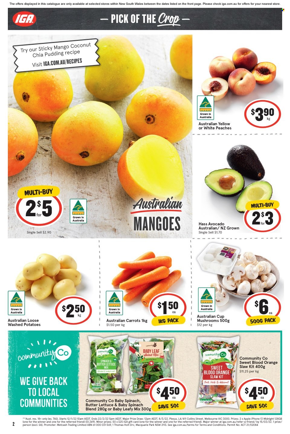 thumbnail - IGA Catalogue - 12 Jan 2022 - 18 Jan 2022 - Sales products - potatoes, avocado, mango, coconut, peaches, pudding. Page 2.