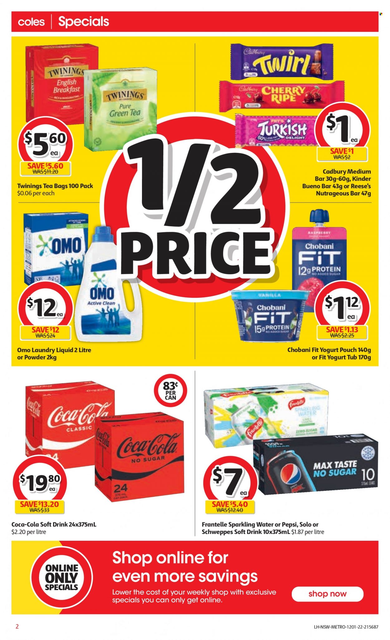 thumbnail - Coles Catalogue - 12 Jan 2022 - 18 Jan 2022 - Sales products - cherries, yoghurt, Chobani, Reese's, Kinder Bueno, Cadbury, Coca-Cola, Schweppes, Pepsi, soft drink, sparkling water, green tea, tea bags, Twinings, Omo, laundry detergent. Page 2.