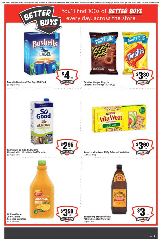 thumbnail - IGA Xpress Catalogue - 12 Jan 2022 - 18 Jan 2022 - Sales products - hamburger, cheese, almond milk, Cheetos, orange juice, juice, Bundaberg, brewed drink, tea bags. Page 3.