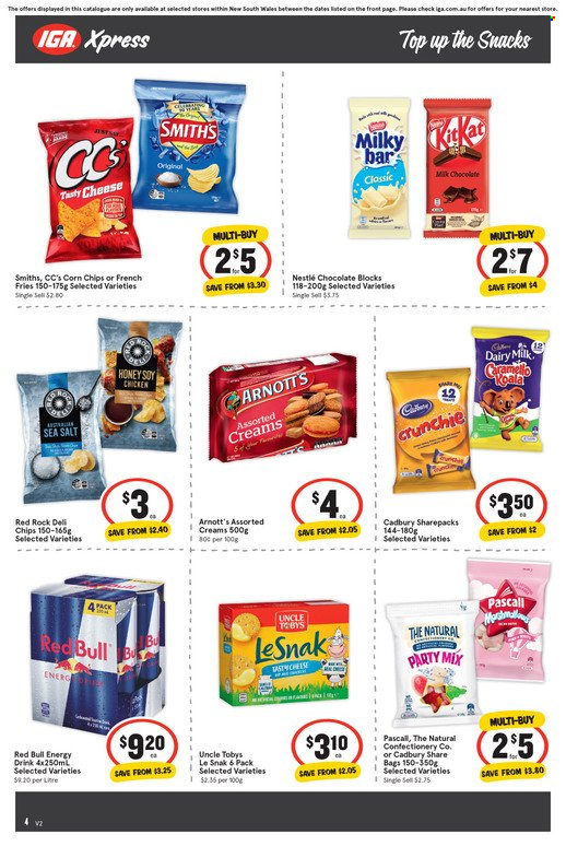 thumbnail - IGA Xpress Catalogue - 12 Jan 2022 - 18 Jan 2022 - Sales products - cheese, potato fries, french fries, Nestlé, chocolate, snack, Cadbury, milky bar, Dairy Milk, chips, corn chips, Le Snak, honey, energy drink, Red Bull. Page 4.