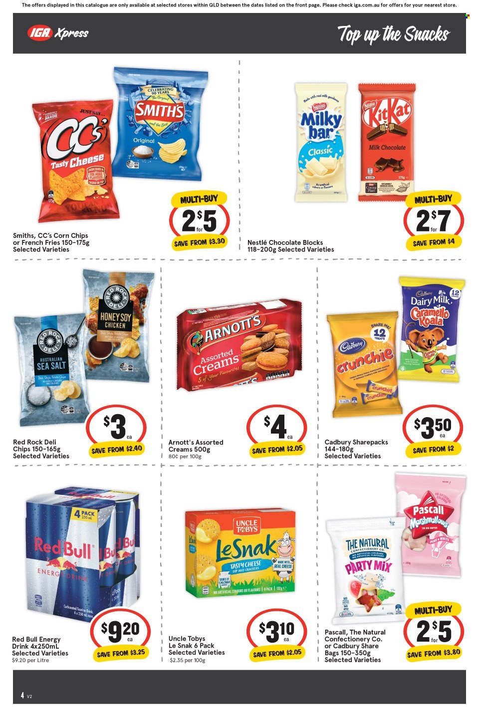 thumbnail - IGA Xpress Catalogue - 12 Jan 2022 - 18 Jan 2022 - Sales products - cheese, potato fries, french fries, milk chocolate, Nestlé, chocolate, snack, Cadbury, Dairy Milk, chips, Smith's, corn chips, Le Snak, honey, energy drink, Red Bull. Page 4.