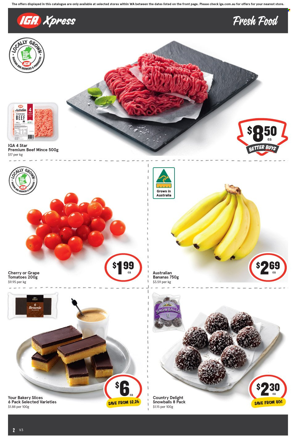thumbnail - IGA Xpress Catalogue - 12 Jan 2022 - 18 Jan 2022 - Sales products - brownies, tomatoes, bananas, cherries, beef meat, ground beef. Page 2.