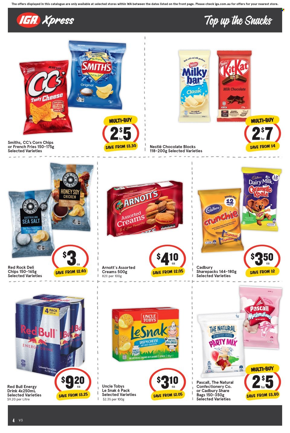 thumbnail - IGA Xpress Catalogue - 12 Jan 2022 - 18 Jan 2022 - Sales products - cheese, potato fries, french fries, milk chocolate, Nestlé, chocolate, snack, marshmallows, Cadbury, Milkybar, Dairy Milk, chips, Smith's, corn chips, Le Snak, honey, energy drink, Red Bull. Page 4.