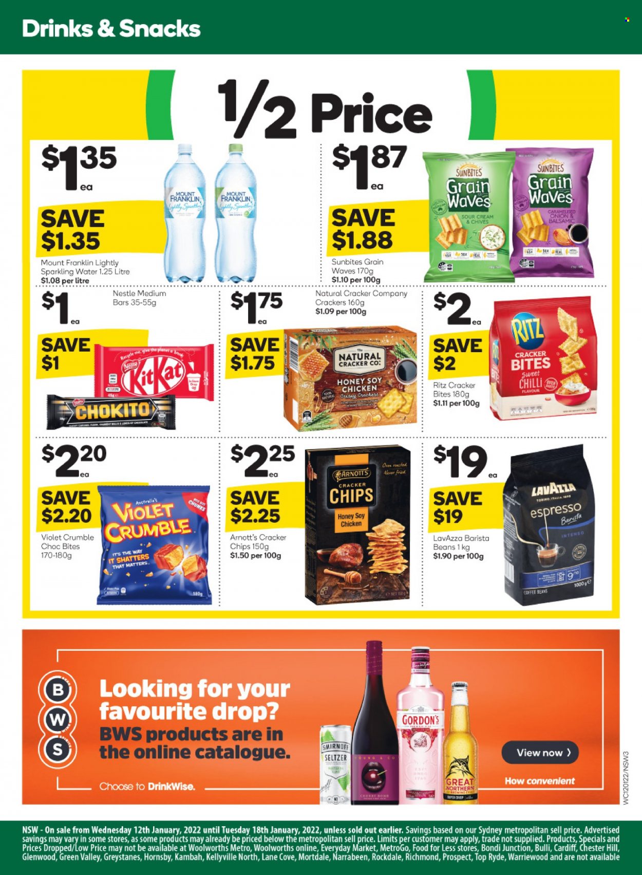 thumbnail - Woolworths Catalogue - 12 Jan 2022 - 18 Jan 2022 - Sales products - chives, Nestlé, crackers, RITZ, chips, Sunbites, honey, seltzer water, sparkling water, coffee beans, Intenso, Lavazza, Smirnoff, Gordon's. Page 3.