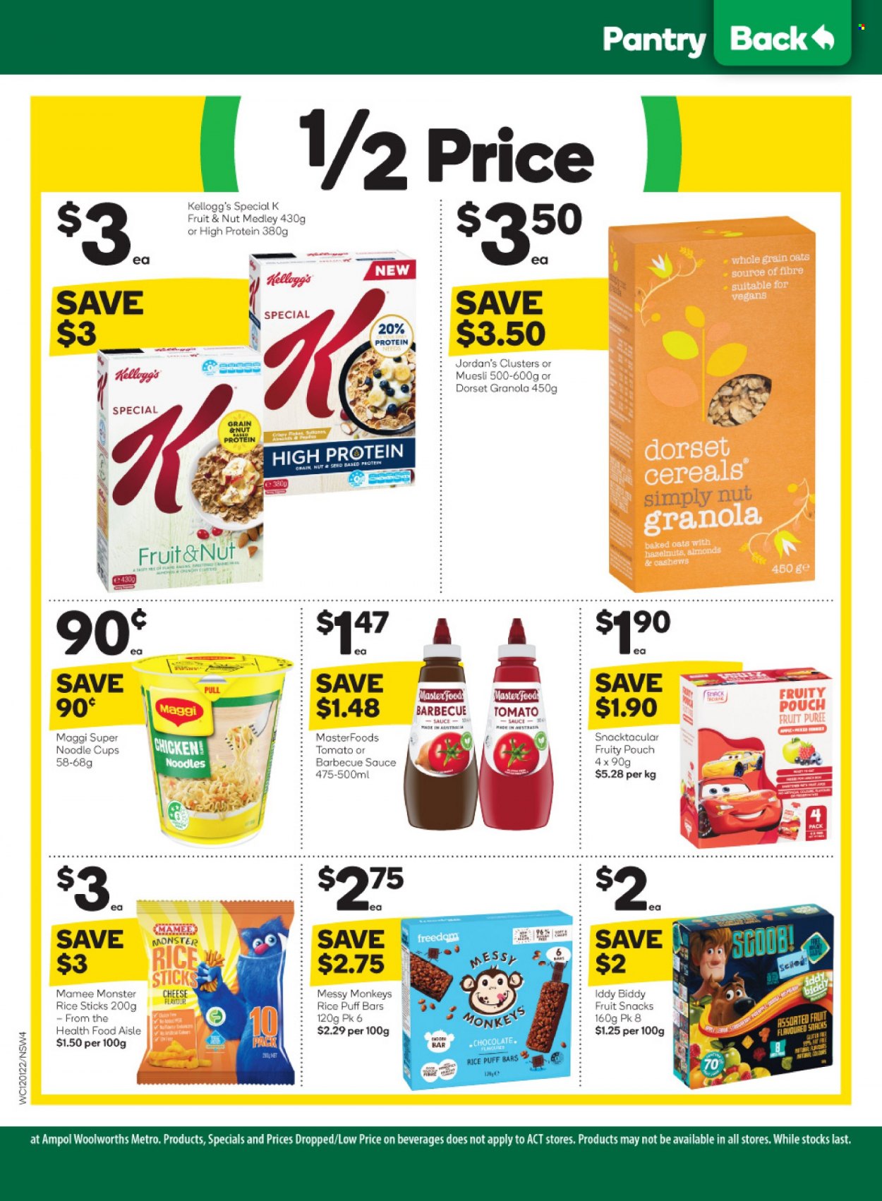 thumbnail - Woolworths Catalogue - 12 Jan 2022 - 18 Jan 2022 - Sales products - sauce, noodles, cheese, chocolate, Kellogg's, fruit snack, oats, Maggi, cereals, granola, muesli, rice, BBQ sauce, almonds, cashews, Monster, cup, Jordan. Page 4.