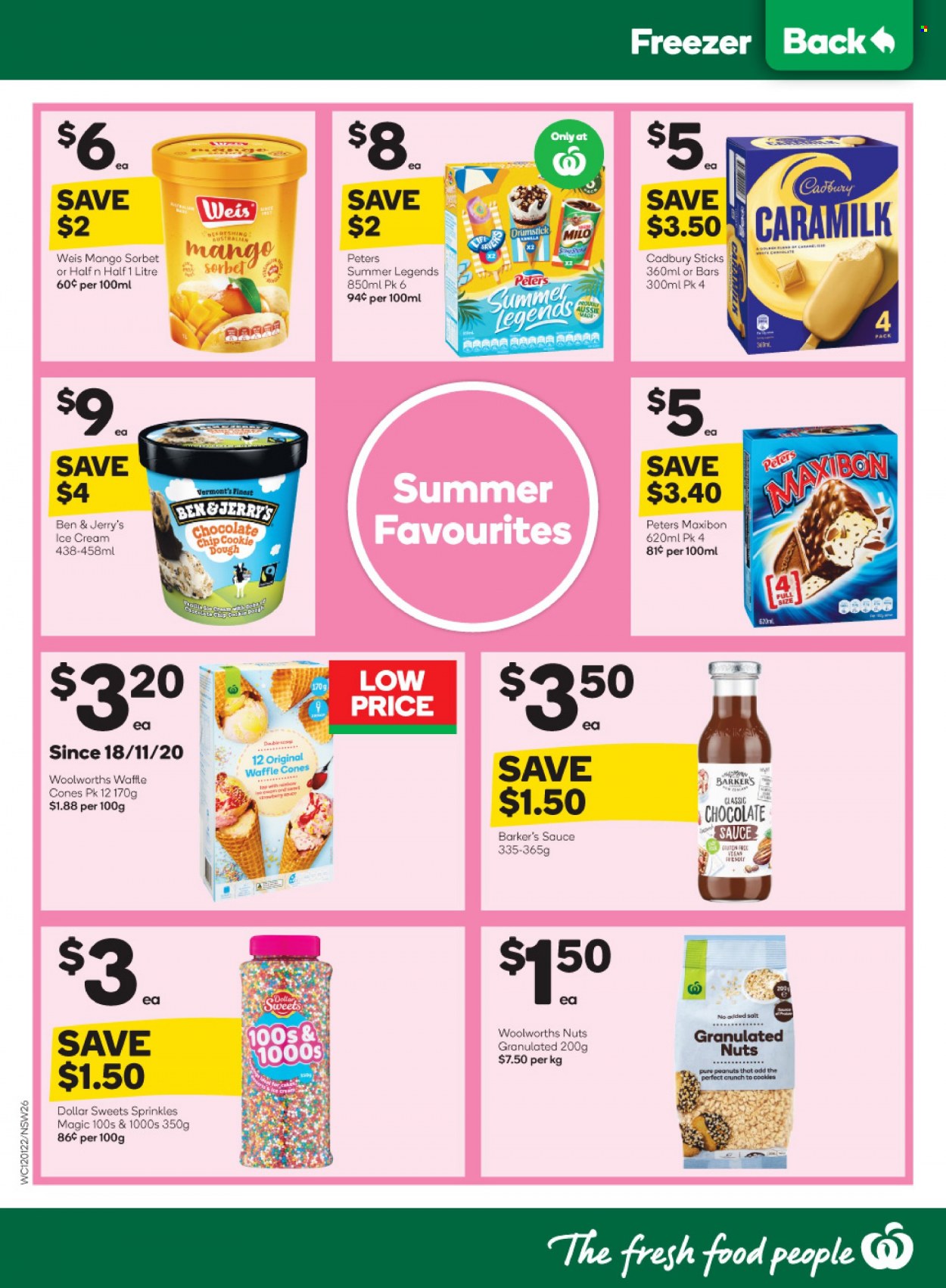 thumbnail - Woolworths Catalogue - 12 Jan 2022 - 18 Jan 2022 - Sales products - mango, sauce, Milo, ice cream, Ben & Jerry's, sorbet, Cadbury, waffle cones, sweets, sprinkles, peanuts, Aussie. Page 26.