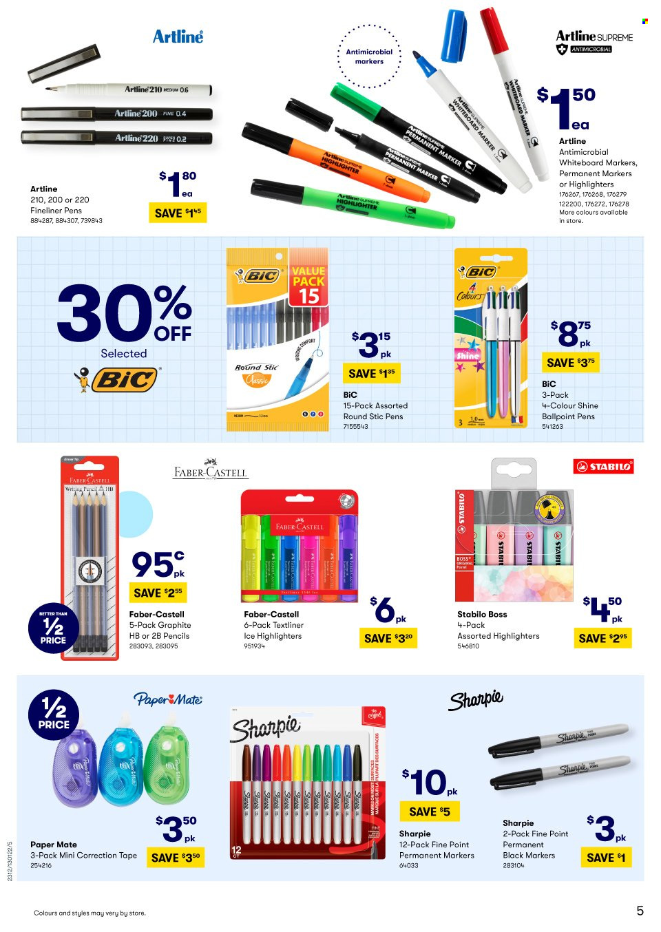 thumbnail - BIG W Catalogue - Sales products - BIC, highlighter powder, paper, whiteboard, marker, pencil, Paper Mate, Sharpie. Page 5.