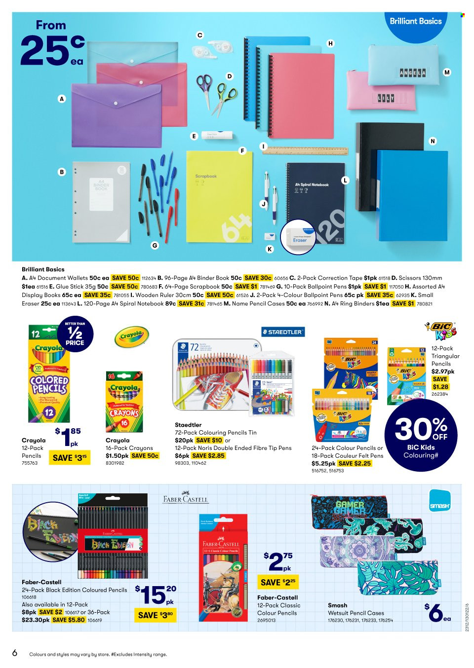 thumbnail - BIG W Catalogue - Sales products - BIC, crayons, glue, glue stick, scissors, eraser, ring binder, pencil, ruler, scrapbook, memo book, wallet, wetsuit. Page 6.