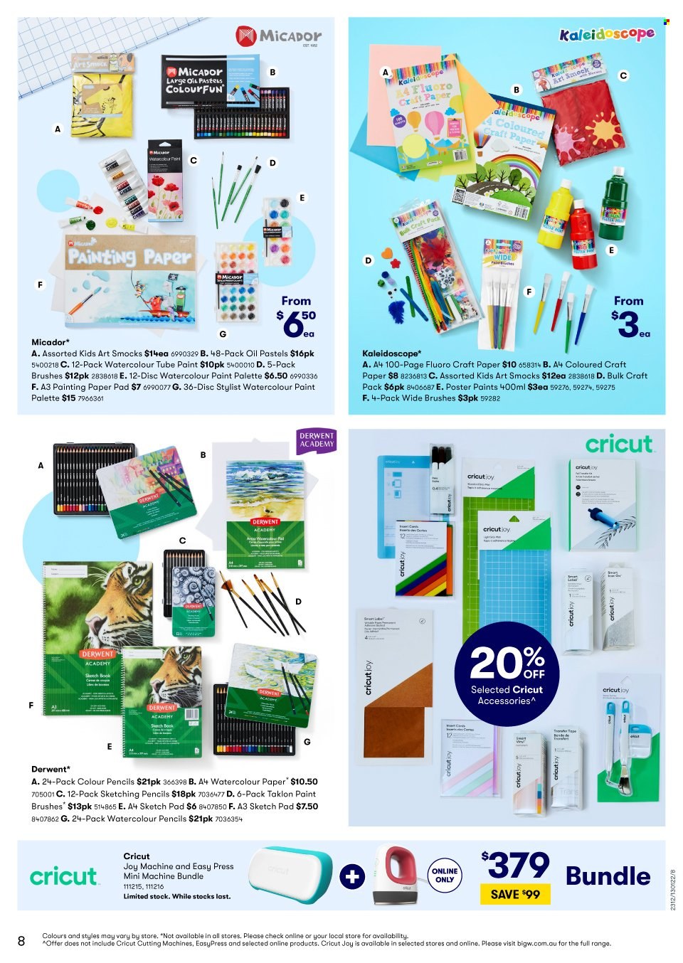 thumbnail - BIG W Catalogue - Sales products - kale, Joy, Palette, paint brush, paper, pencil, oil pastels, watercolour, sketch pad, book. Page 8.