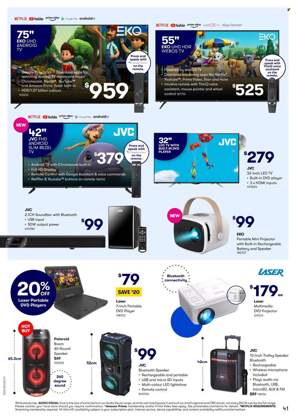 thumbnail - BIG W Catalogue - Sales products - Voom, mouse, Polaroid, JVC, Android TV, LED TV, UHD TV, ultra hd, TV, dvd player, projector, speaker, bluetooth speaker, sound bar, trolley speaker, microphone, remote control, Google Chromecast. Page 41.