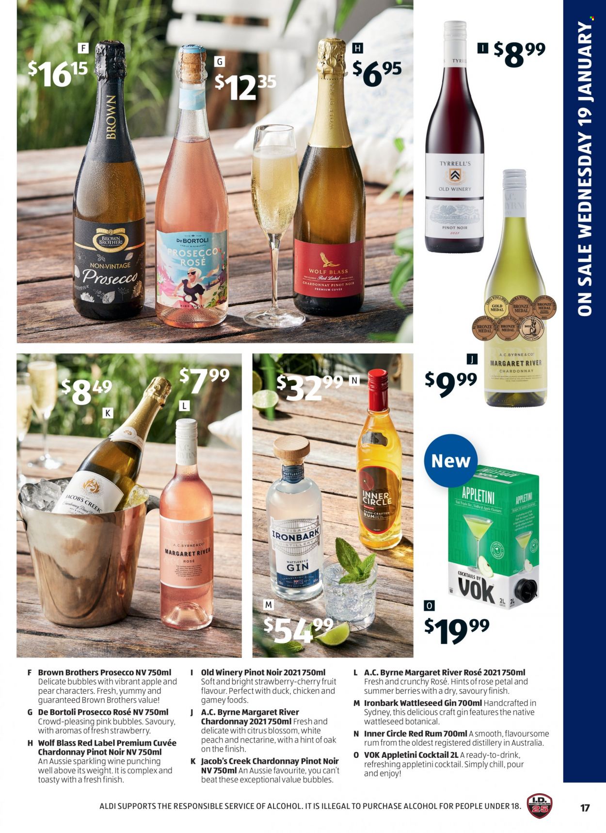 thumbnail - ALDI Catalogue - 19 Jan 2022 - 25 Jan 2022 - Sales products - nectarines, pears, Blossom, red wine, sparkling wine, white wine, prosecco, Chardonnay, wine, Pinot Noir, Cuvée, Jacob's Creek, rosé wine, gin, rum, BROTHERS, Aussie. Page 17.
