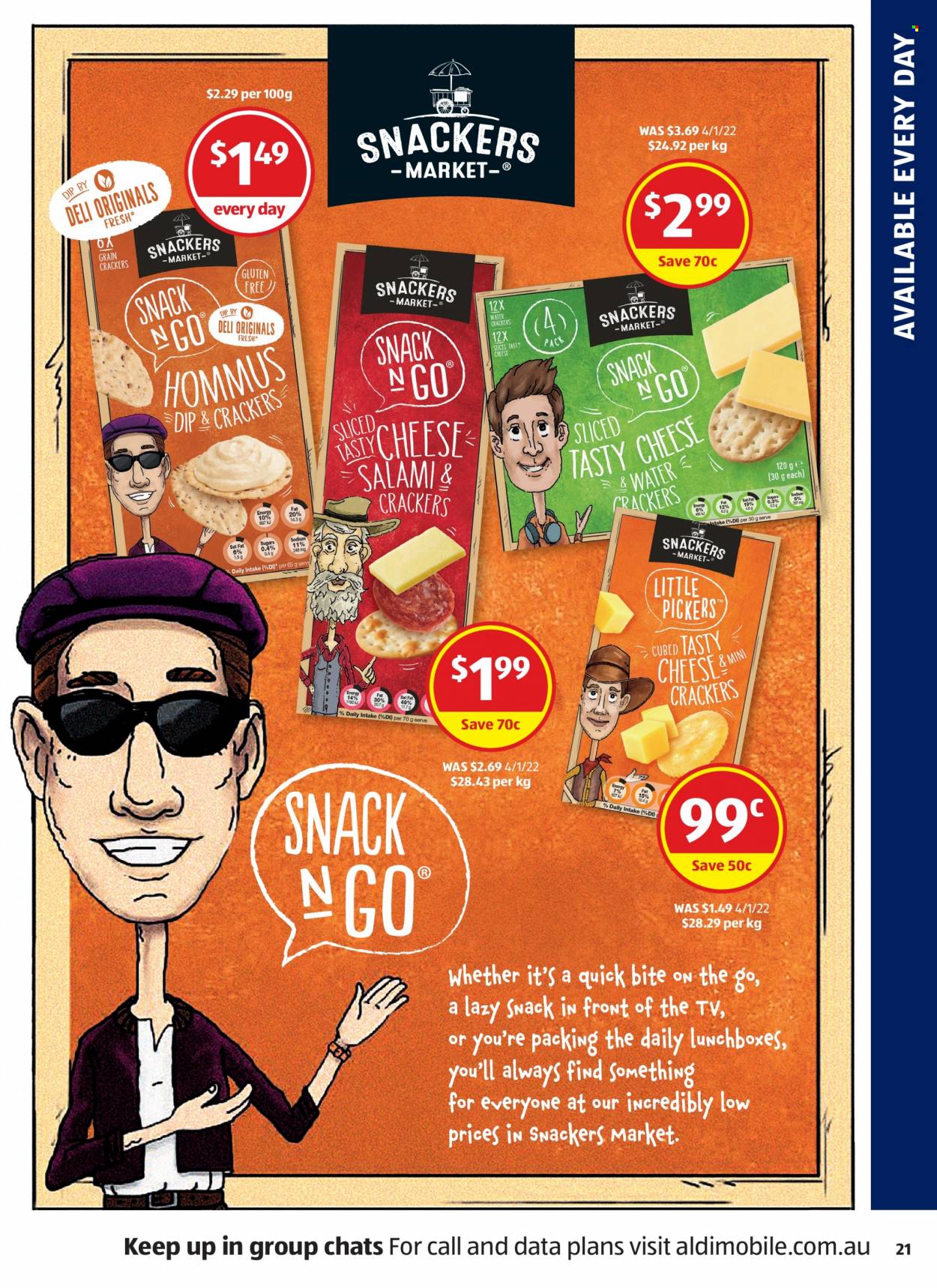 thumbnail - ALDI Catalogue - 19 Jan 2022 - 25 Jan 2022 - Sales products - salami, hummus, cheese, dip, snack, crackers, TV. Page 21.