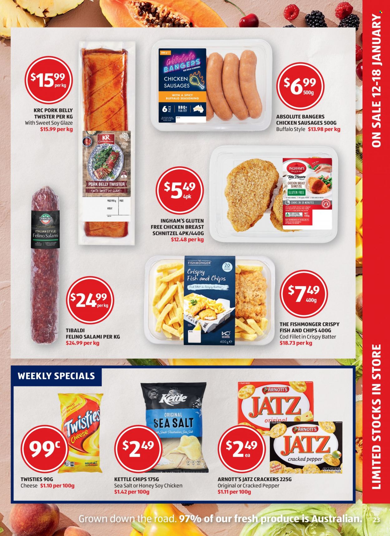 thumbnail - ALDI Catalogue - 19 Jan 2022 - 25 Jan 2022 - Sales products - cod, Fishmonger, schnitzel, salami, sausage, bangers, cheese, crackers, chips, kettle, spice, chicken breasts, pork belly, pork meat, Absolute, fork, pan, table, Twister. Page 23.