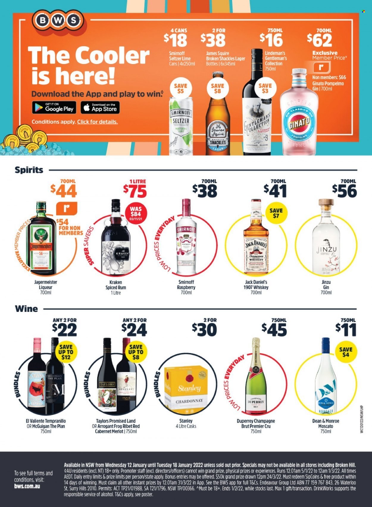 thumbnail - BWS Catalogue - 12 Jan 2022 - 18 Jan 2022 - Sales products - Cabernet Sauvignon, red wine, white wine, champagne, Chardonnay, wine, Merlot, Moscato, Tempranillo, gin, liqueur, rum, Smirnoff, spiced rum, whiskey, Jack Daniel's, Jägermeister, Hard Seltzer, whisky, beer, Lager. Page 1.