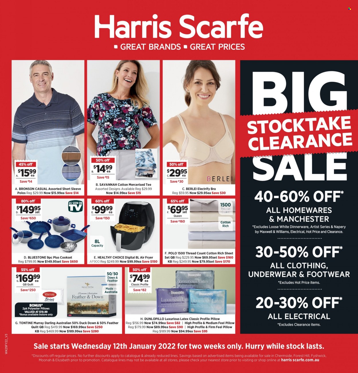 thumbnail - Harris Scarfe Catalogue - Sales products - Bronson, dinnerware set, pillow, quilt, air fryer, t-shirt, bra, underwear, Berlei. Page 1.