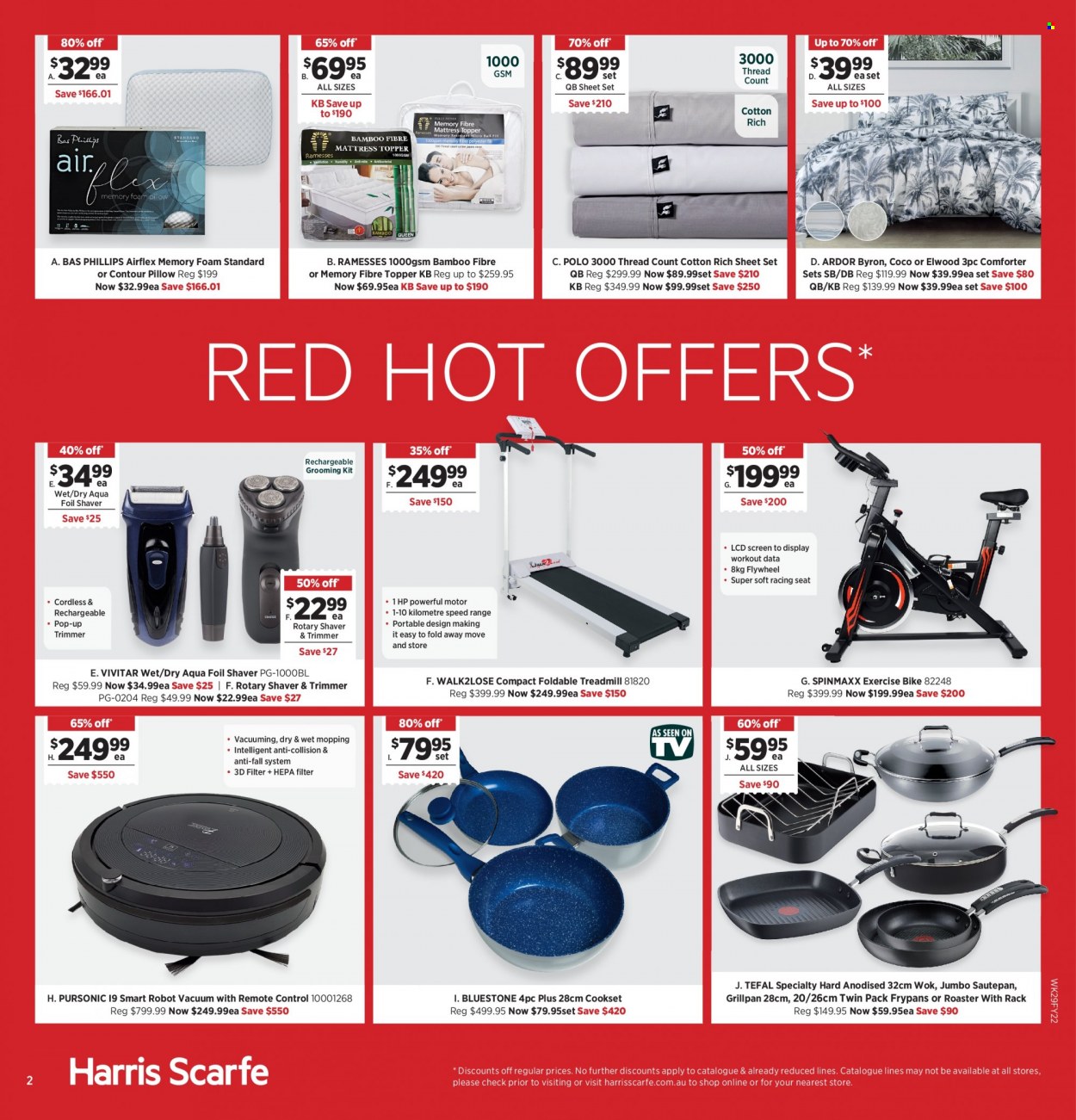 thumbnail - Harris Scarfe Catalogue - Sales products - Tefal, wok, comforter, topper, pillow, robot vacuum, roaster, trimmer, Vivitar, shaver. Page 2.