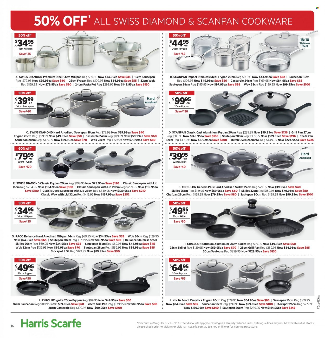 thumbnail - Harris Scarfe Catalogue - Sales products - cookware set, pot, pan, wok, grill pan, casserole, saucepan, stockpot, frying pan, cast iron dutch oven. Page 16.