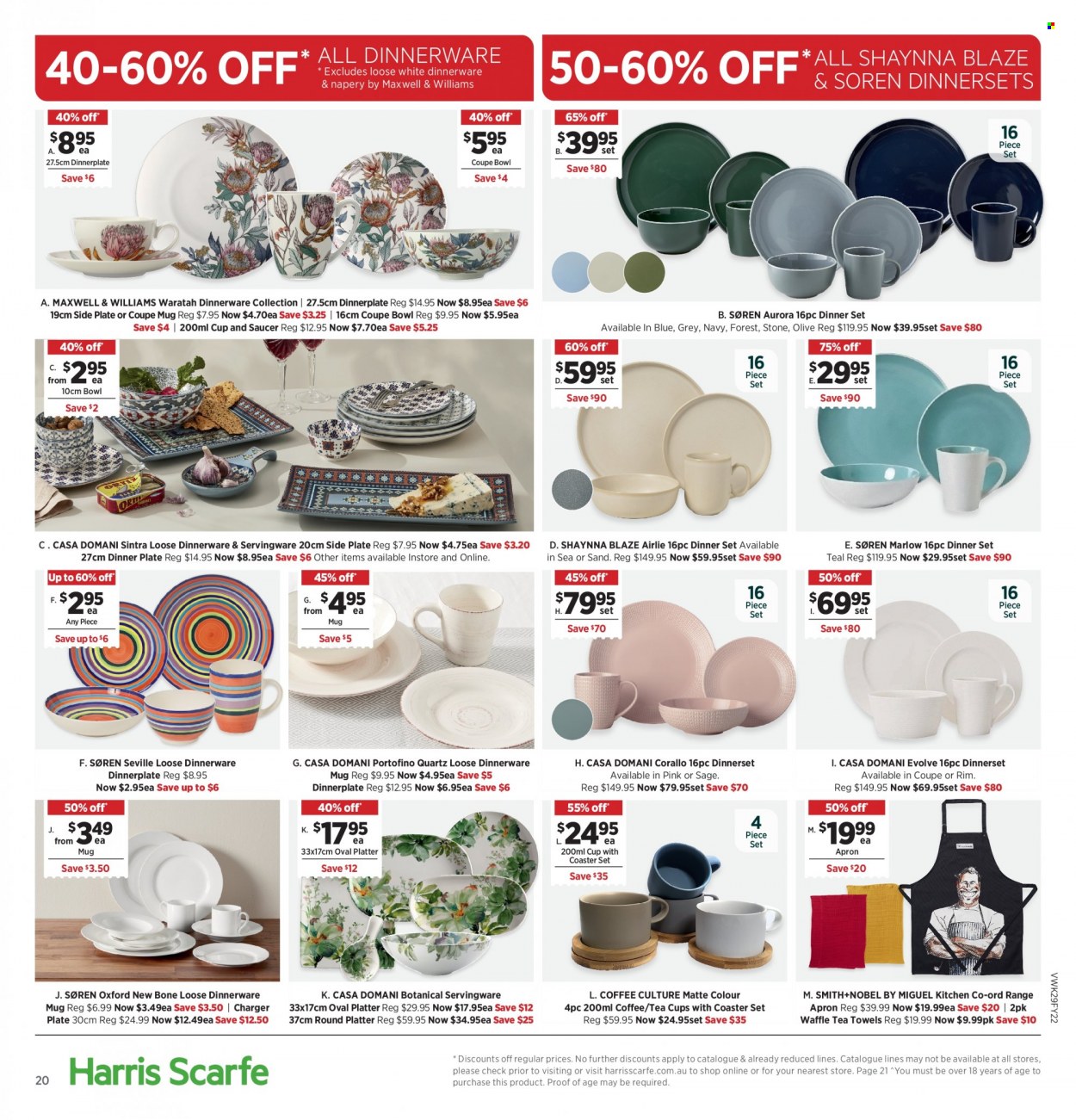 thumbnail - Harris Scarfe Catalogue - Sales products - dinnerware set, mug, plate, saucer, cup, dinner plate, bowl, Smith+Nobel, tea towels, towel. Page 20.