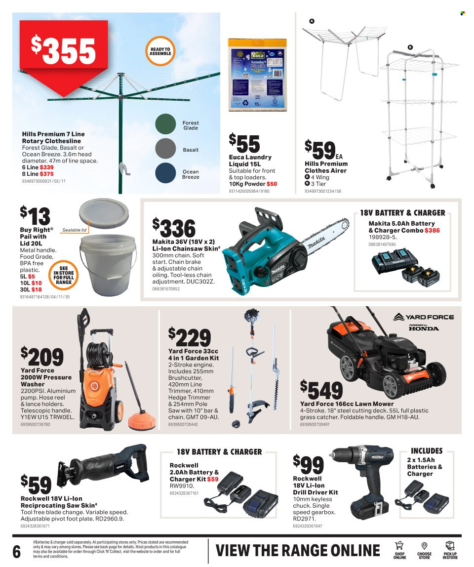 thumbnail - Mitre 10 Catalogue - 12 Jan 2022 - 26 Jan 2022 - Sales products - laundry detergent, airer, Glade, drill, drill driver kit, Makita, chain saw, saw, reciprocating saw, lawn mower, hedge trimmer, pressure washer, hose reel. Page 6.
