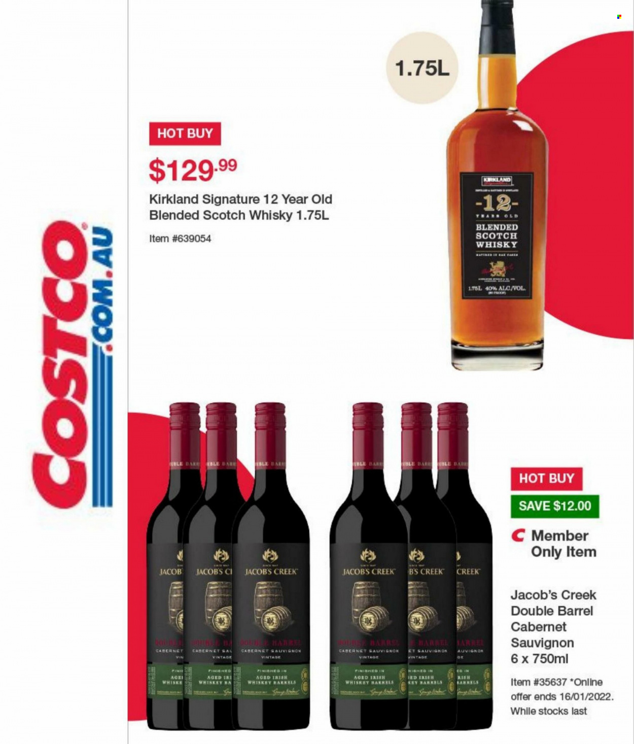 thumbnail - Costco Catalogue - Sales products - Jacobs, Cabernet Sauvignon, red wine, wine, Jacob's Creek, whiskey, irish whiskey, scotch whisky, whisky. Page 7.