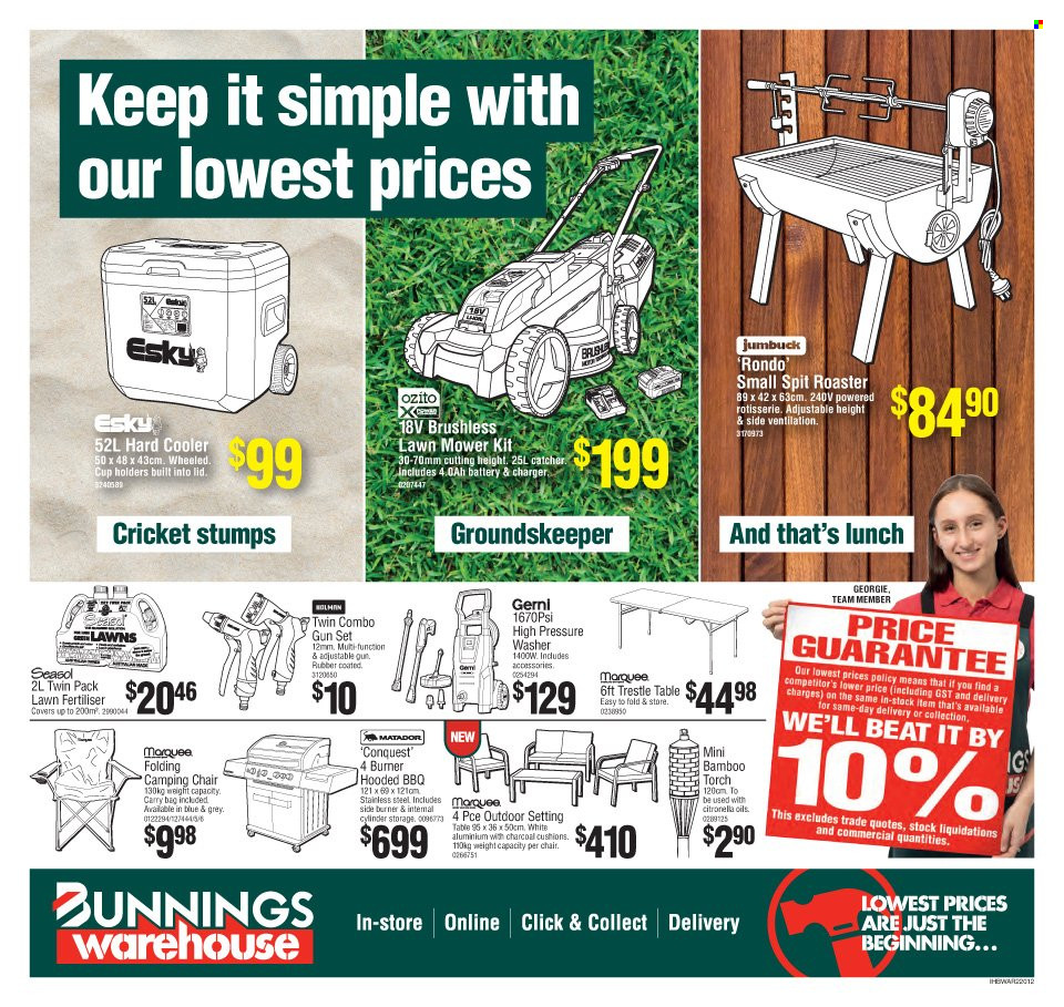 thumbnail - Bunnings Warehouse Catalogue - 12 Jan 2022 - 29 Jan 2022 - Sales products - table, chair, cushion, lid, cup, eraser, roaster, lawn mower, pressure washer. Page 1.