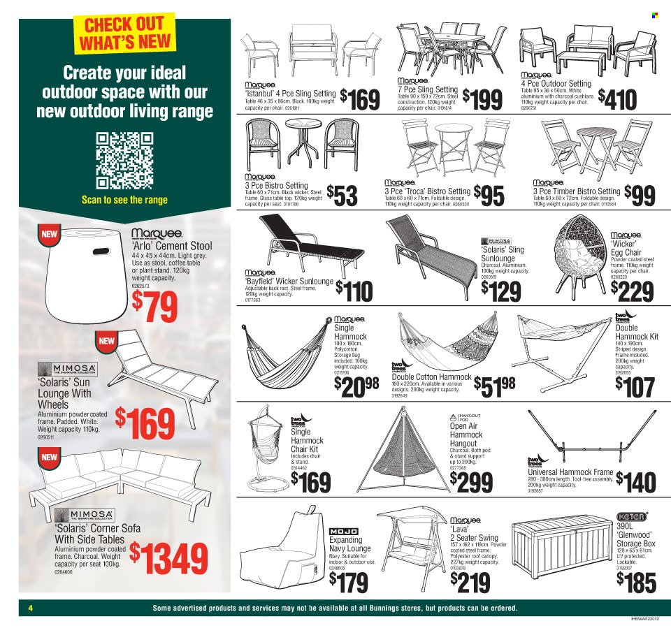 thumbnail - Bunnings Warehouse Catalogue - 12 Jan 2022 - 29 Jan 2022 - Sales products - table, stool, chair, corner sofa, sofa, coffee table, cushion, storage bag, hammock. Page 4.