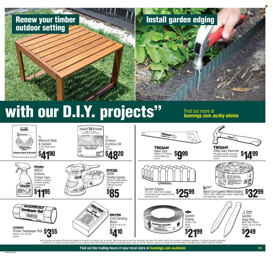 thumbnail - Bunnings Warehouse Catalogue - 12 Jan 2022 - 29 Jan 2022 - Sales products - outdoor furniture, furniture oil, decking, hammer, Ryobi, saw, claw hammer. Page 15.