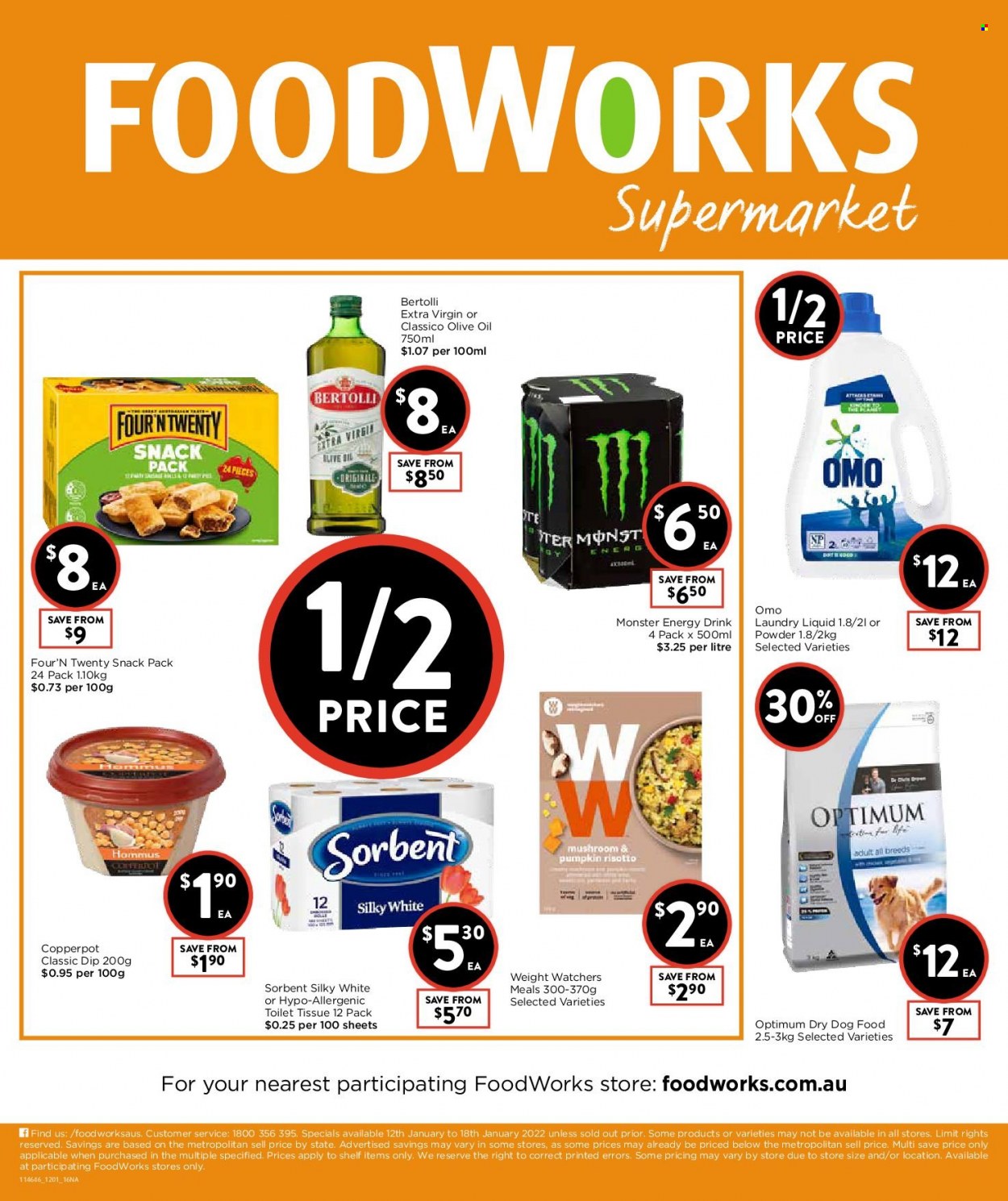 thumbnail - Foodworks Catalogue - 12 Jan 2022 - 18 Jan 2022 - Sales products - mushrooms, risotto, Bertolli, hummus, dip, Classico, extra virgin olive oil, olive oil, oil, energy drink, Monster, Monster Energy, toilet paper, Omo, laundry detergent, animal food, dog food, Optimum, dry dog food. Page 16.