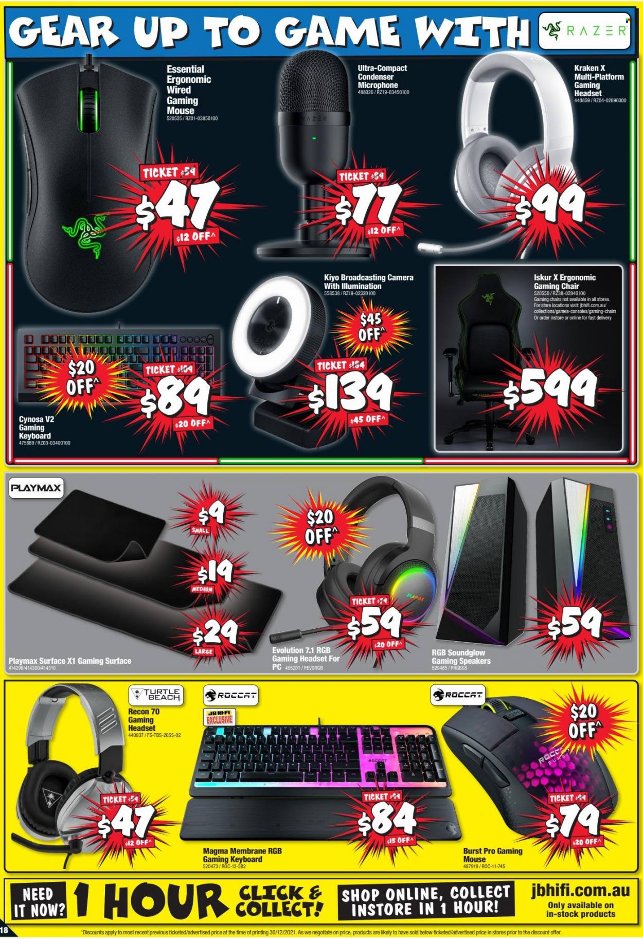 thumbnail - JB Hi-Fi Catalogue - 13 Jan 2022 - 26 Jan 2022 - Sales products - gaming keyboard, gaming mouse, Razer, gaming headset, mouse, keyboard, camera, hi-fi, speaker, microphone, headset. Page 18.