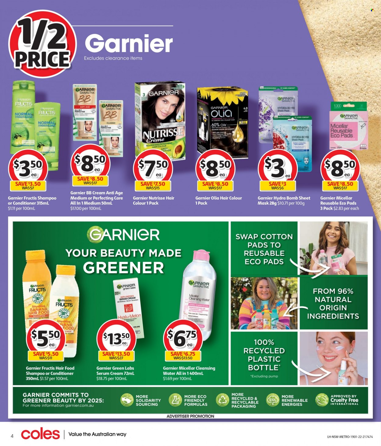 thumbnail - Coles Catalogue - 19 Jan 2022 - 25 Jan 2022 - Sales products - melons, shampoo, Nana, Garnier, serum, conditioner, hair color, Fructis, pump. Page 4.