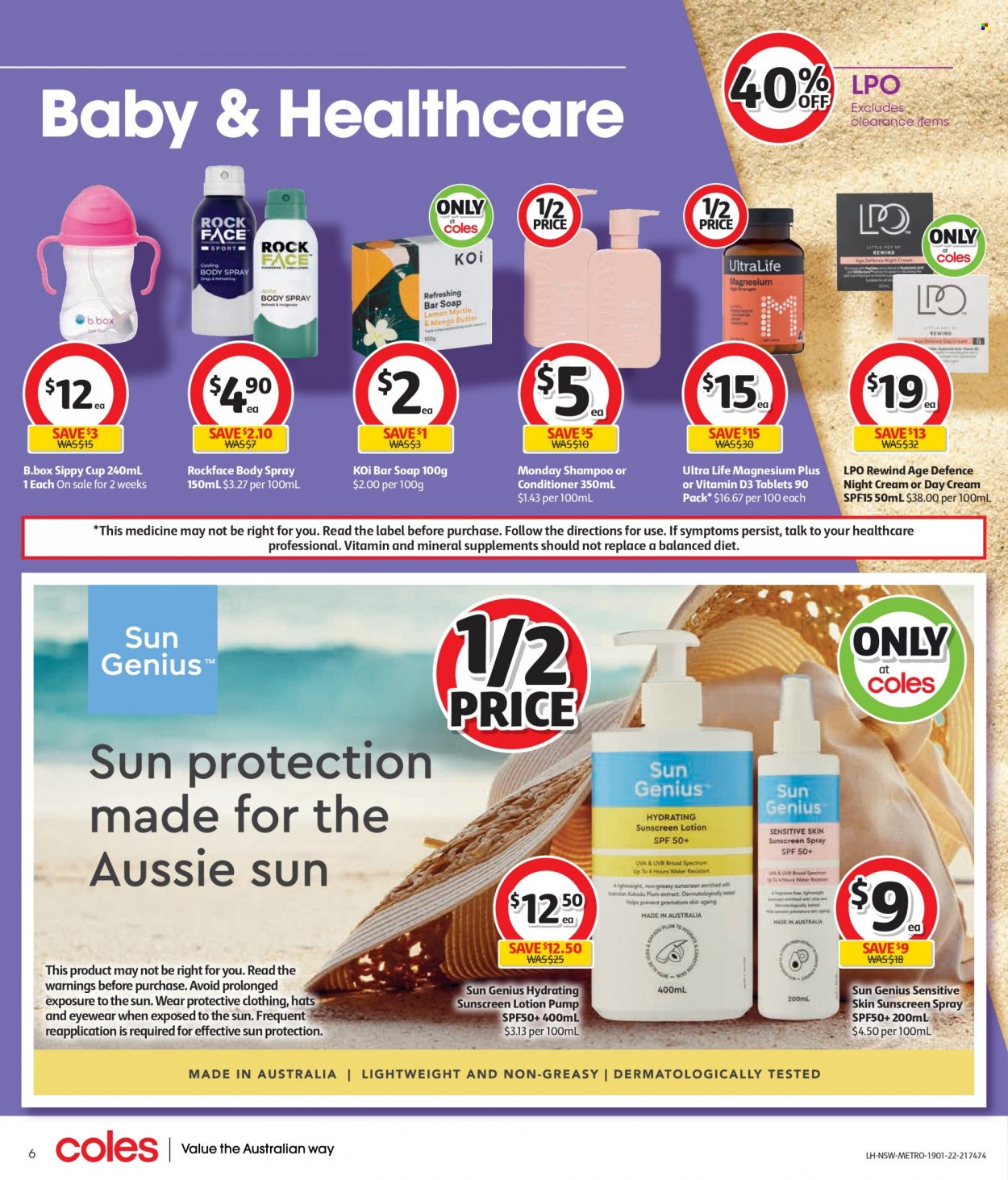 thumbnail - Coles Catalogue - 19 Jan 2022 - 25 Jan 2022 - Sales products - mango, soap bar, soap, day cream, night cream, Aussie, conditioner, body lotion, body spray, sunscreen lotion, cup, magnesium, vitamin D3. Page 6.