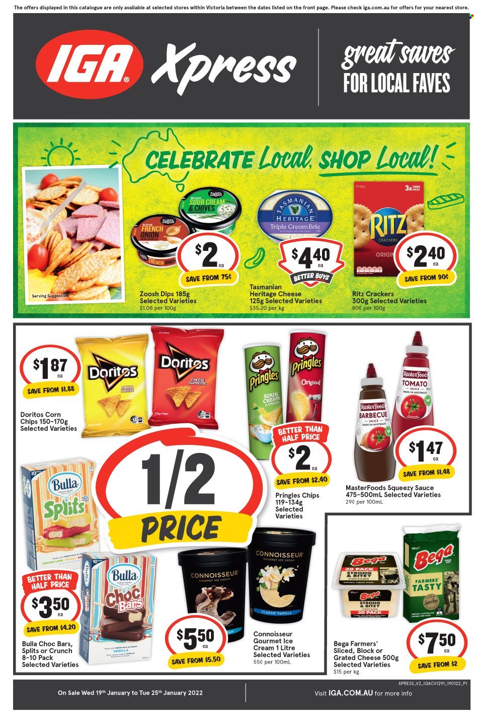 thumbnail - IGA Xpress Catalogue - 19 Jan 2022 - 25 Jan 2022 - Sales products - onion, chives, sauce, brie, Heritage cheese, grated cheese, Tasmanian Heritage, ice cream, crackers, Victoria Sponge, RITZ, Doritos, Pringles, chips, corn chips, ZoOsh. Page 1.