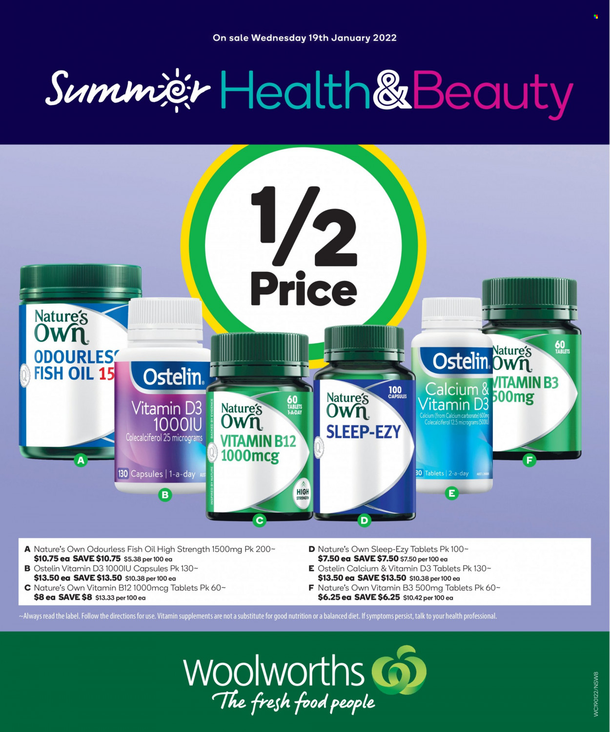 thumbnail - Woolworths Catalogue - 19 Jan 2022 - 25 Jan 2022 - Sales products - oil, calcium, fish oil, vitamin B12, Nature's Own, vitamin D3, Ostelin. Page 2.