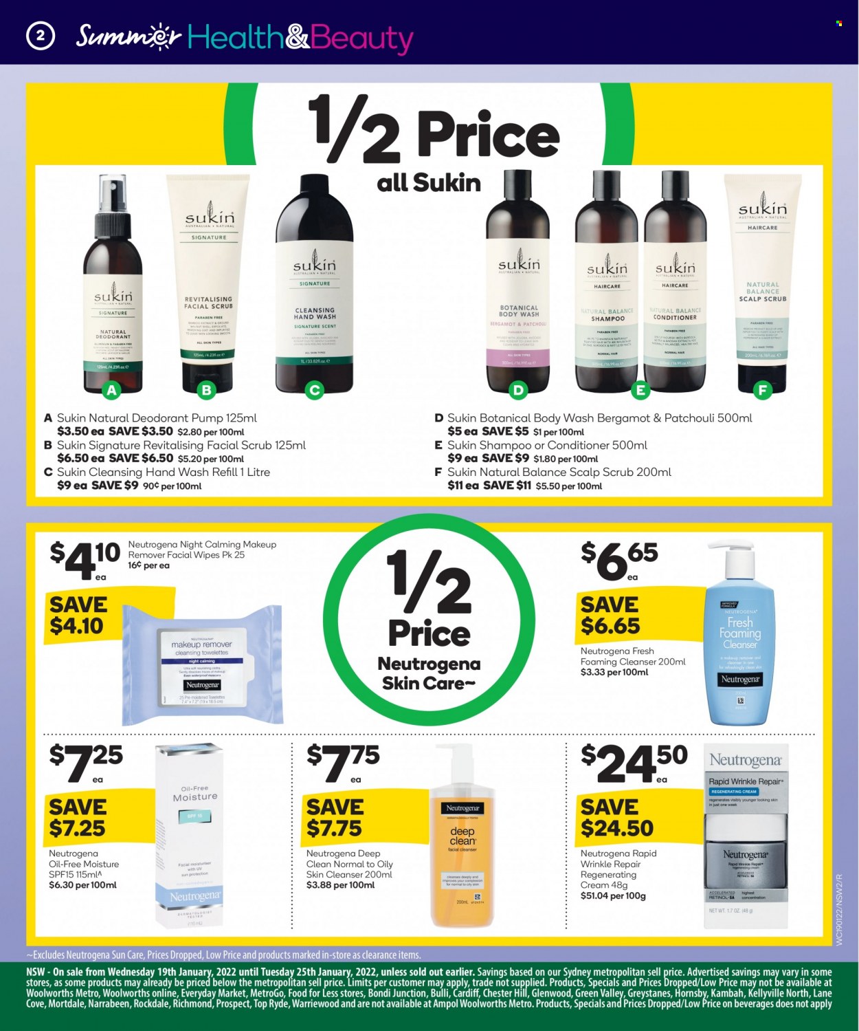 thumbnail - Woolworths Catalogue - 19 Jan 2022 - 25 Jan 2022 - Sales products - wipes, body wash, shampoo, hand wash, cleanser, Neutrogena, conditioner, Sukin, anti-perspirant, deodorant, makeup remover, Natural Balance. Page 3.