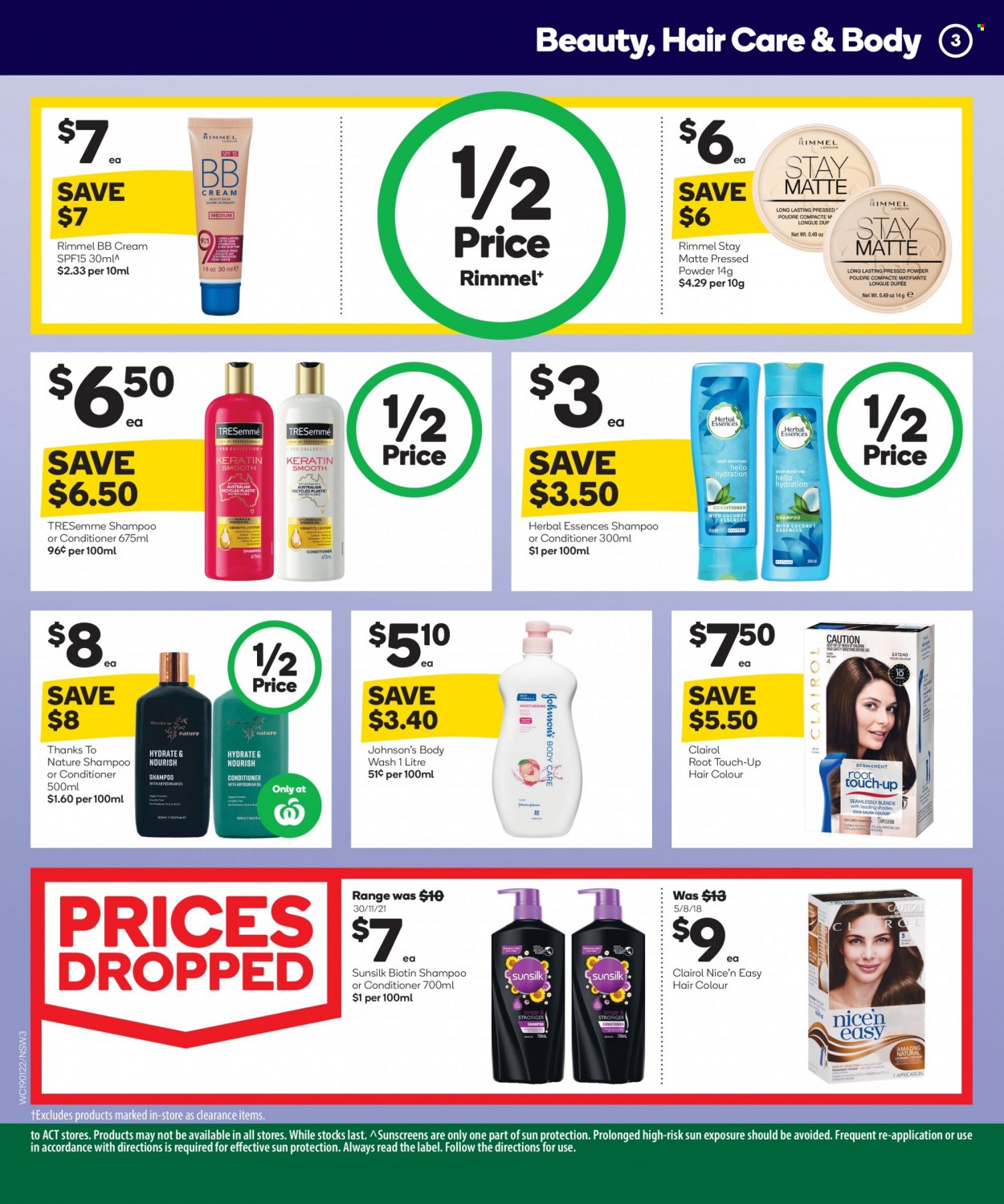 thumbnail - Woolworths Catalogue - 19 Jan 2022 - 25 Jan 2022 - Sales products - Johnson's, body wash, shampoo, Sunsilk, Root Touch-Up, Clairol, conditioner, TRESemmé, hair color, Herbal Essences, Rimmel, face powder, Biotin. Page 4.
